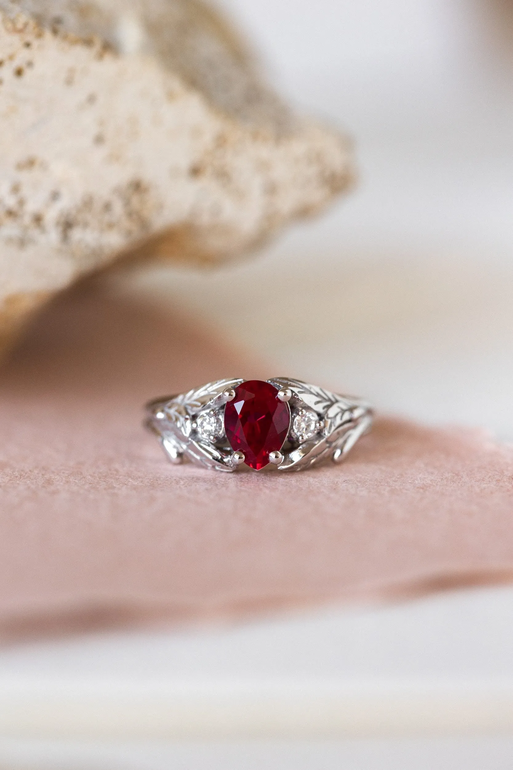 READY TO SHIP: Wisteria ring in 14K white gold, lab ruby pear cut 7x5 mm, accent moissanites, AVAILABLE RING SIZES: 4.5-6.5US