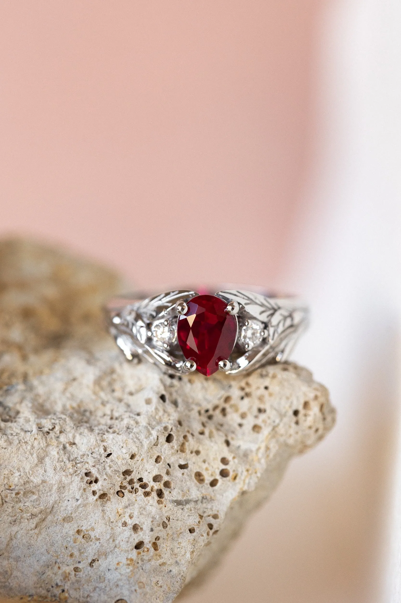 READY TO SHIP: Wisteria ring in 14K white gold, lab ruby pear cut 7x5 mm, accent moissanites, AVAILABLE RING SIZES: 4.5-6.5US