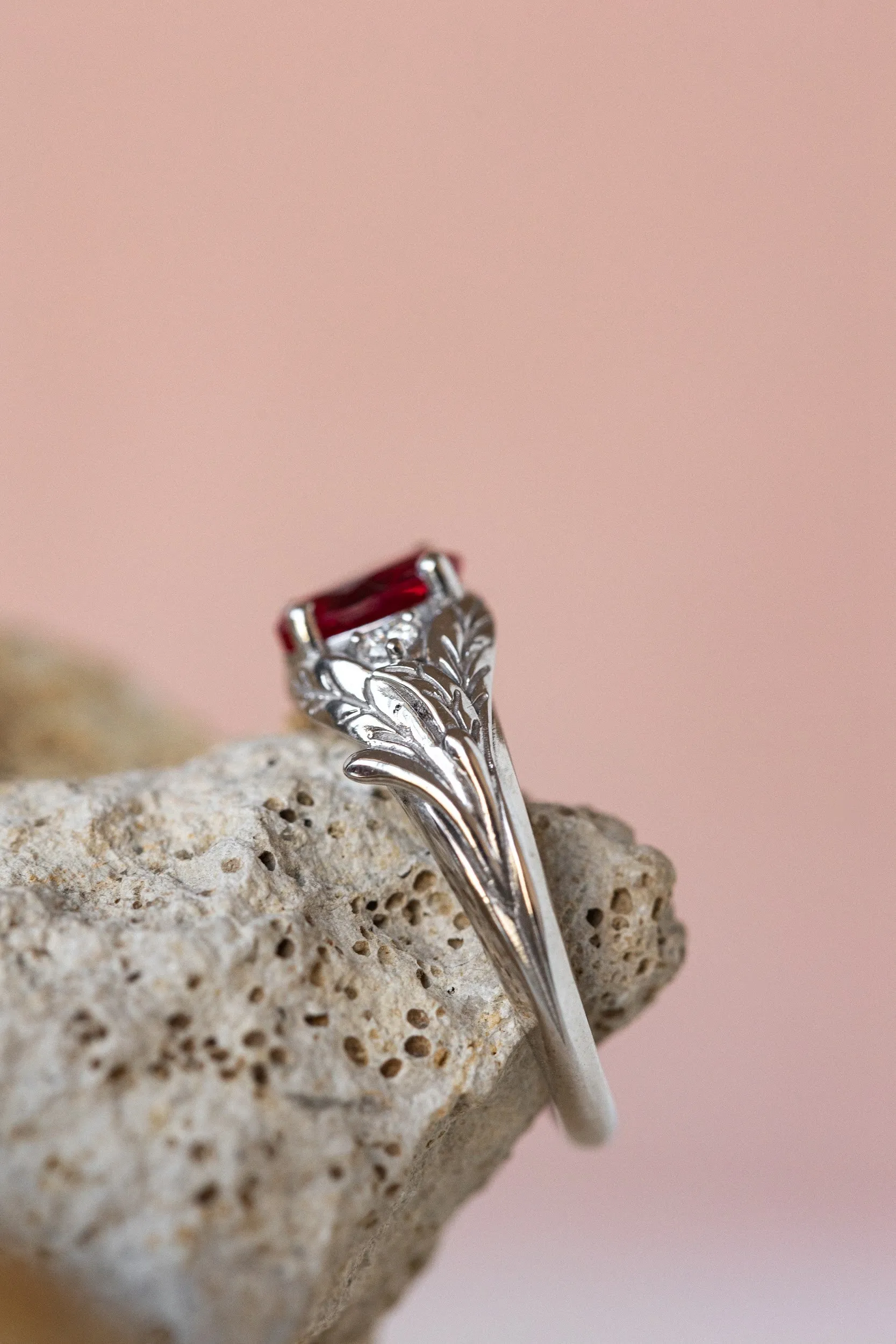 READY TO SHIP: Wisteria ring in 14K white gold, lab ruby pear cut 7x5 mm, accent moissanites, AVAILABLE RING SIZES: 4.5-6.5US