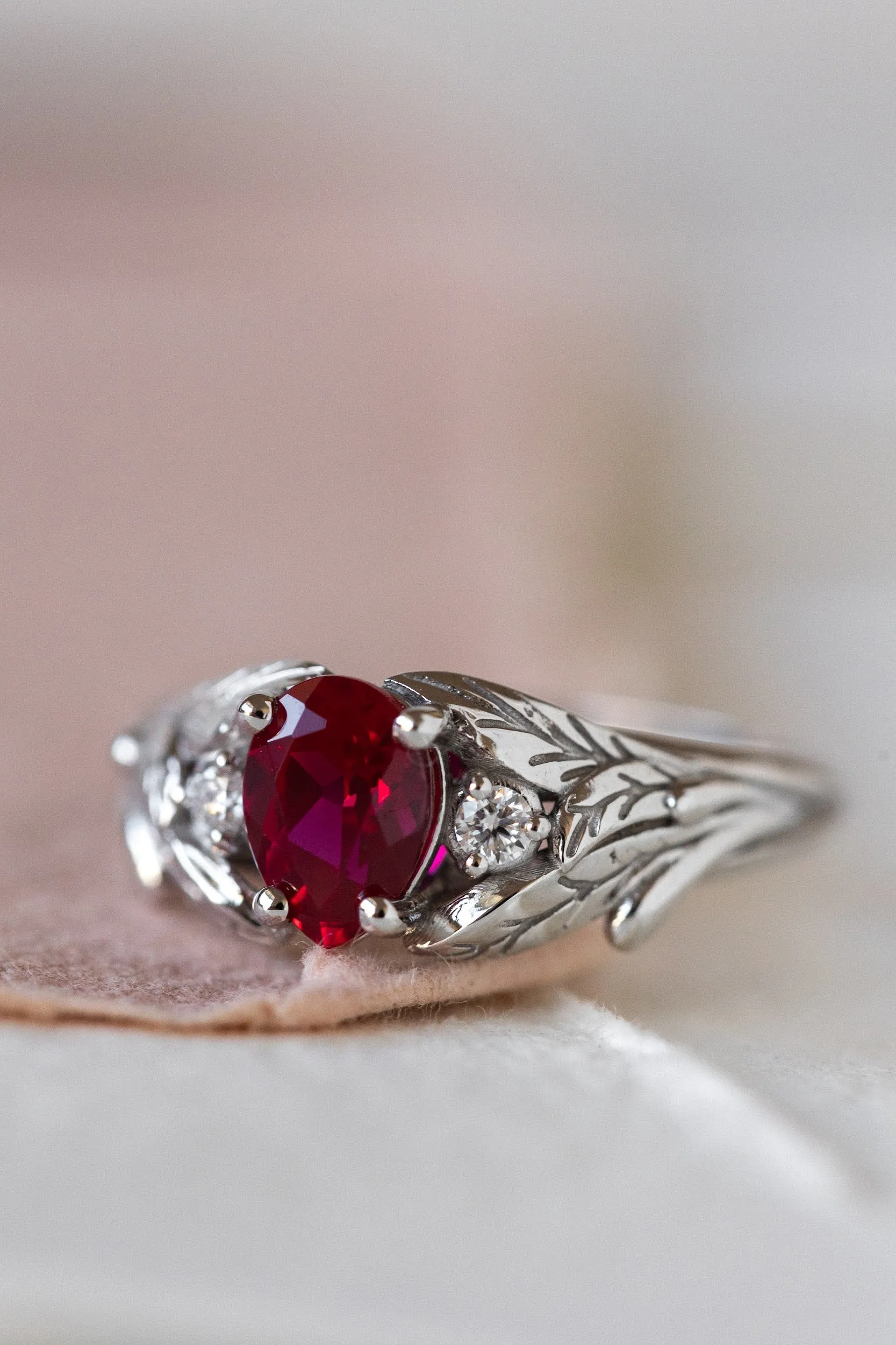 READY TO SHIP: Wisteria ring in 14K white gold, lab ruby pear cut 7x5 mm, accent moissanites, AVAILABLE RING SIZES: 4.5-6.5US