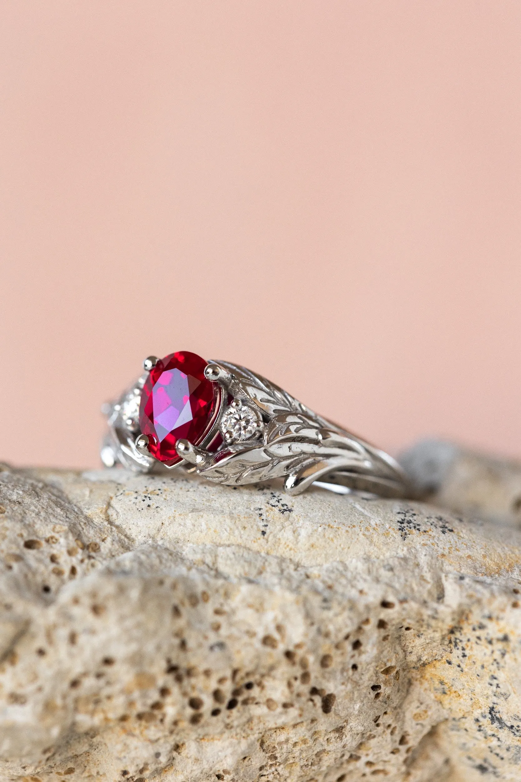 READY TO SHIP: Wisteria ring in 14K white gold, lab ruby pear cut 7x5 mm, accent moissanites, AVAILABLE RING SIZES: 4.5-6.5US