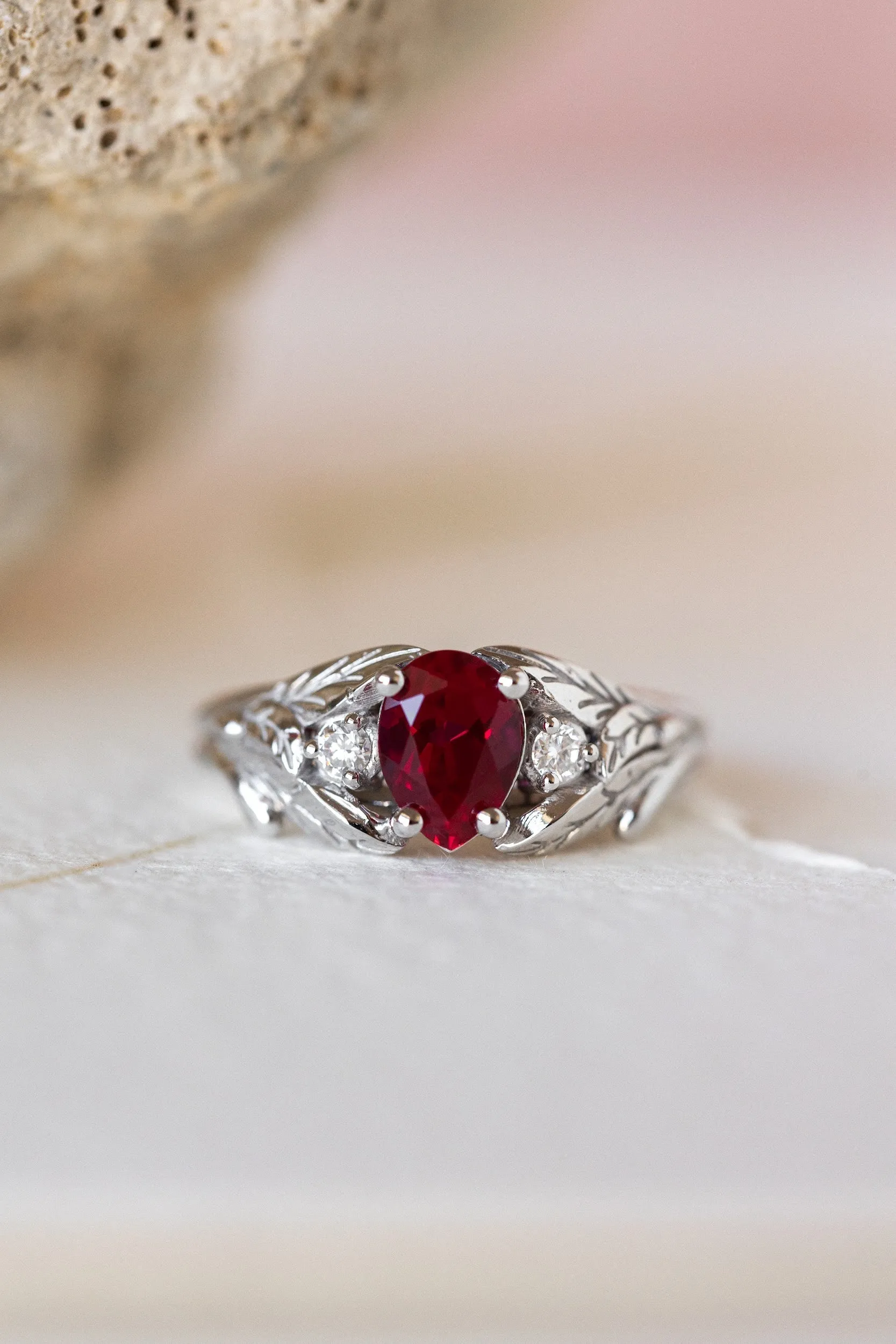 READY TO SHIP: Wisteria ring in 14K white gold, lab ruby pear cut 7x5 mm, accent moissanites, AVAILABLE RING SIZES: 4.5-6.5US