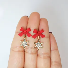 Red Bow Gold Crystal Snowflake Drop Christmas Themed earrings, Star Christmas Earrings Statement Christmas earrings.