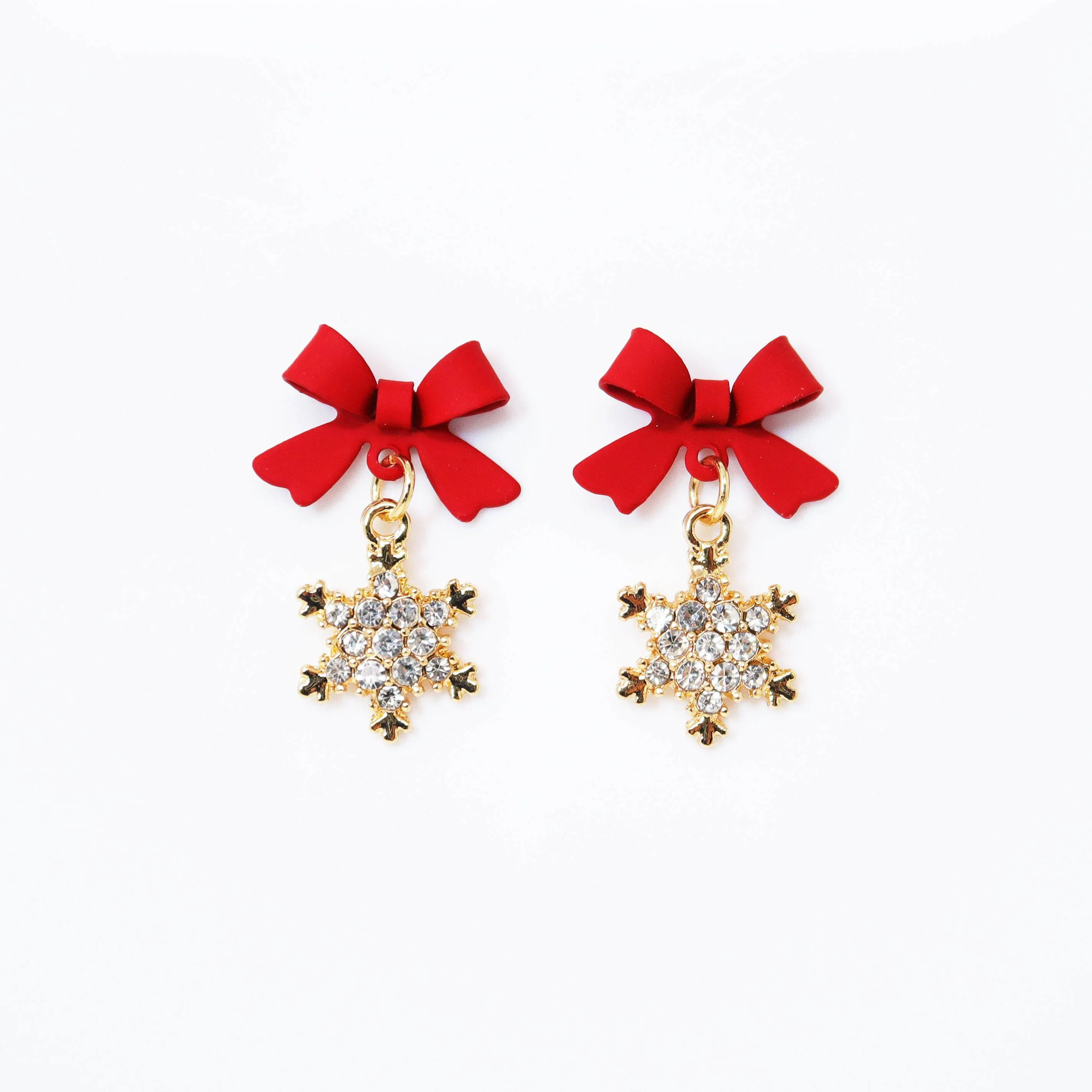 Red Bow Gold Crystal Snowflake Drop Christmas Themed earrings, Star Christmas Earrings Statement Christmas earrings.