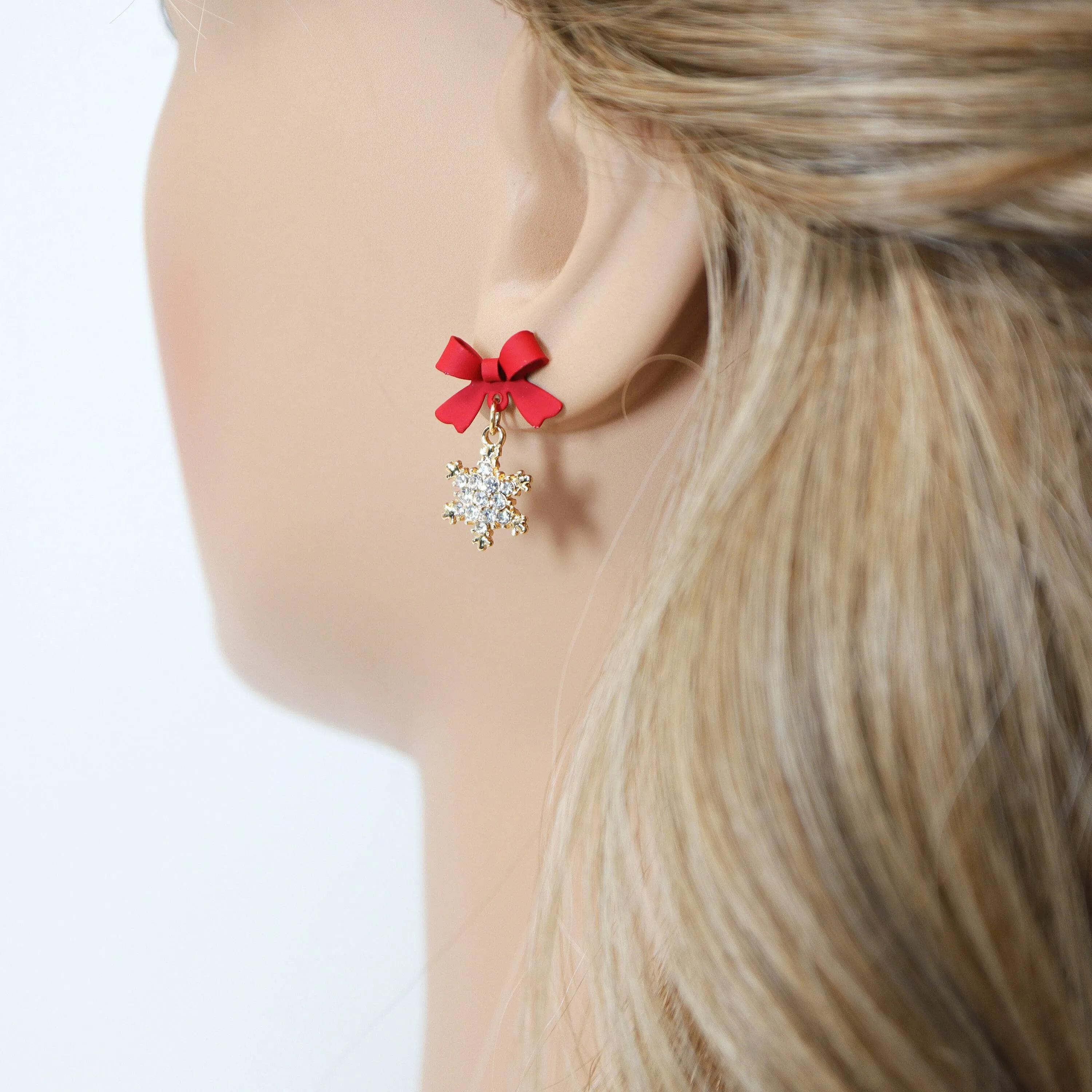 Red Bow Gold Crystal Snowflake Drop Christmas Themed earrings, Star Christmas Earrings Statement Christmas earrings.