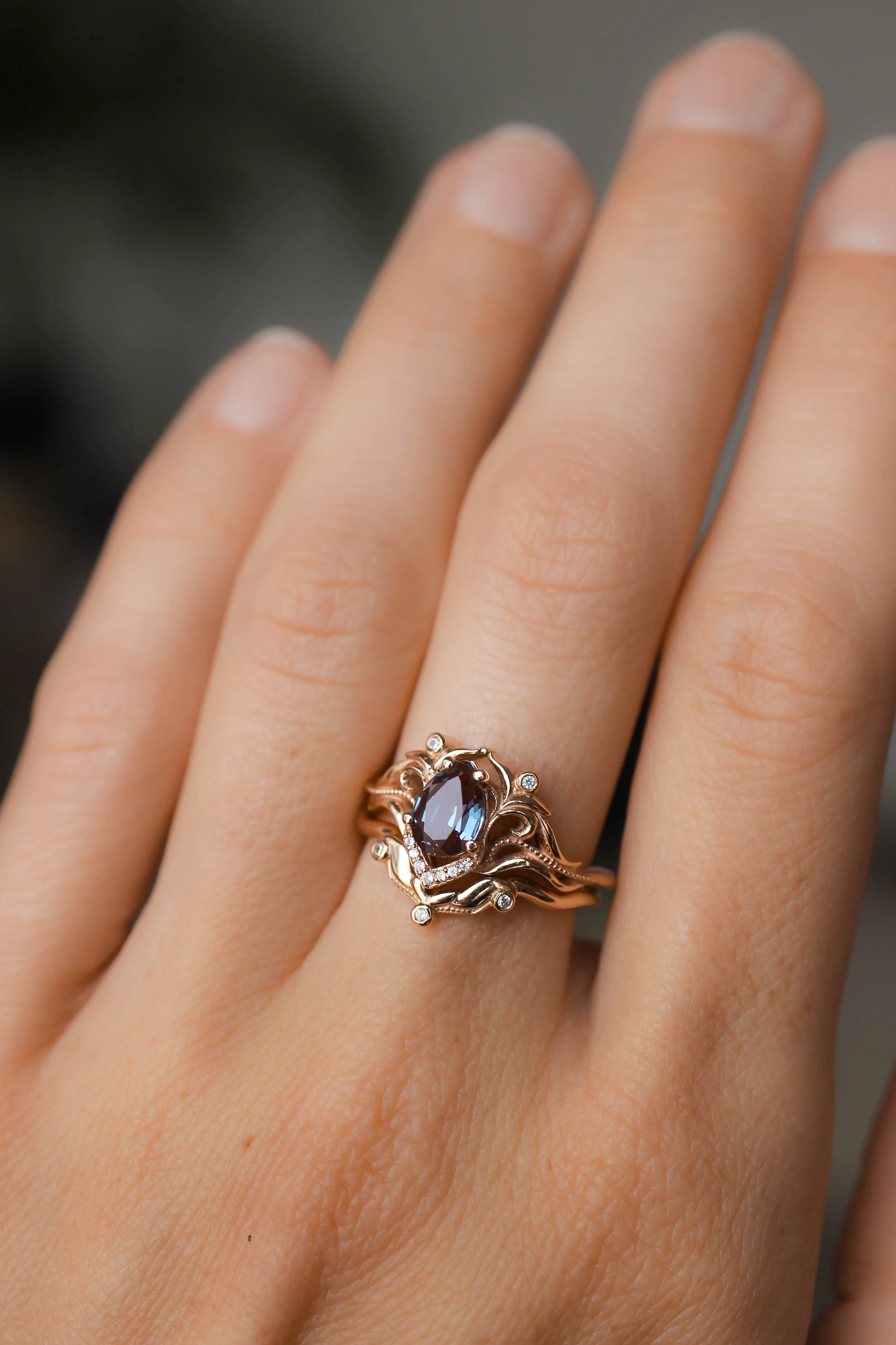 Reserved, READY TO SHIP: Lida small in 14K rose gold, 7x5 mm pear cut lab alexandrite, moissanites, RING SIZE 5 US