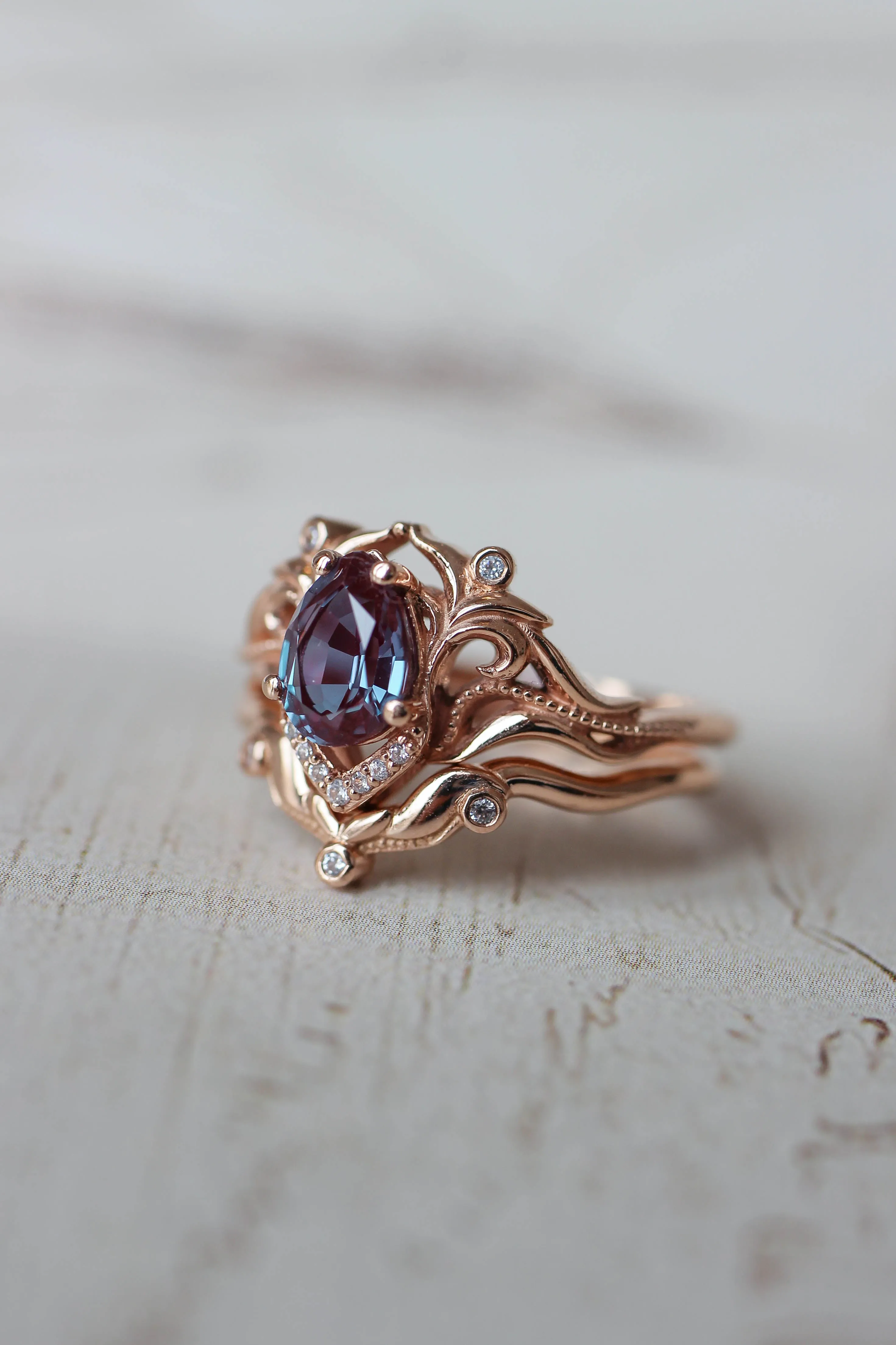 Reserved, READY TO SHIP: Lida small in 14K rose gold, 7x5 mm pear cut lab alexandrite, moissanites, RING SIZE 5 US