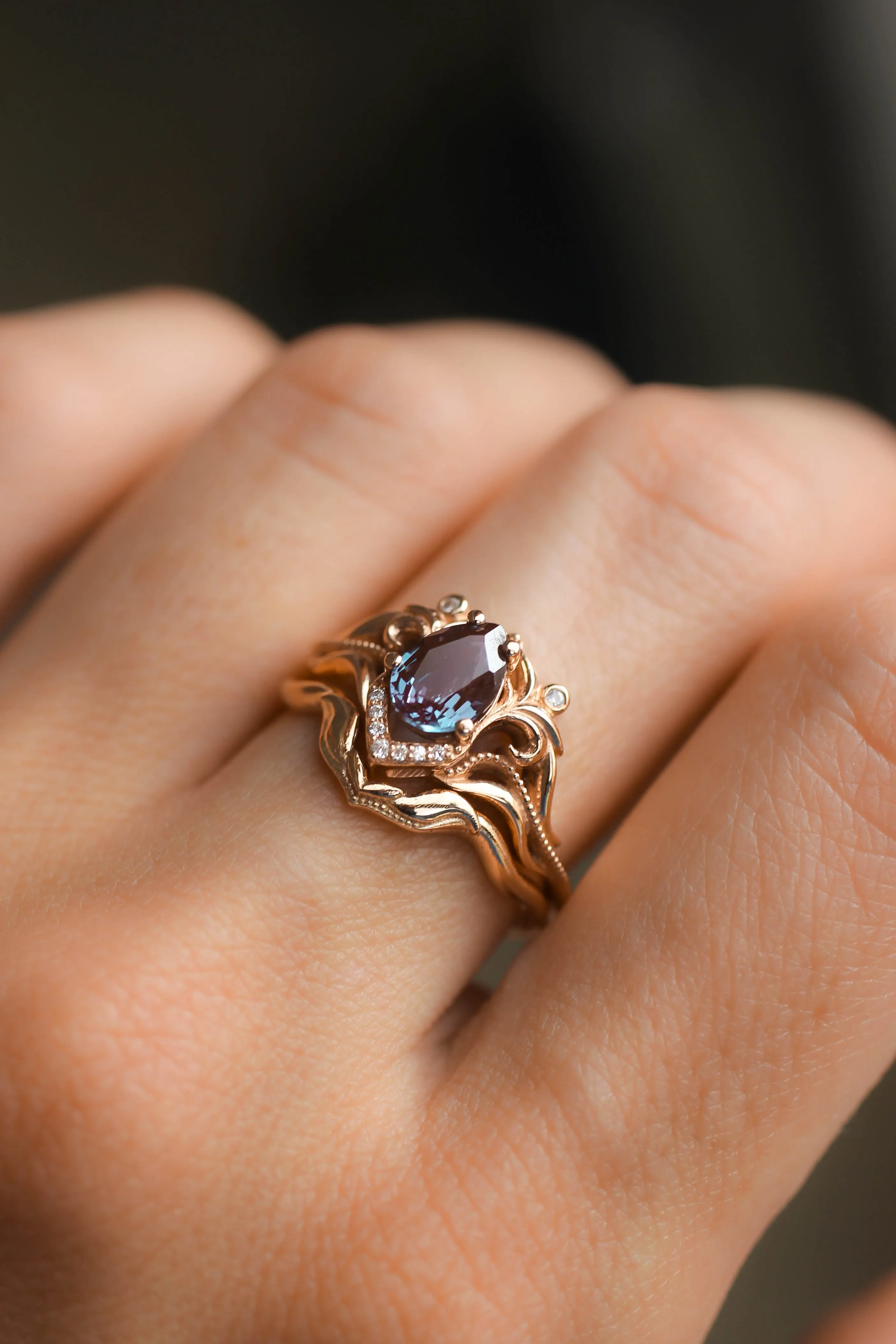 Reserved, READY TO SHIP: Lida small in 14K rose gold, 7x5 mm pear cut lab alexandrite, moissanites, RING SIZE 5 US