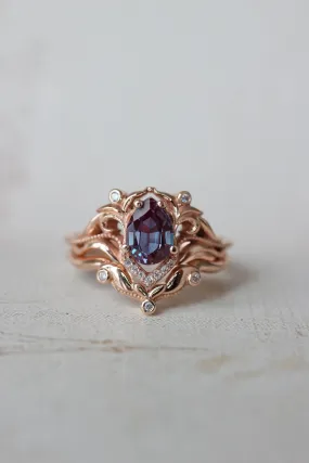 Reserved, READY TO SHIP: Lida small in 14K rose gold, 7x5 mm pear cut lab alexandrite, moissanites, RING SIZE 5 US