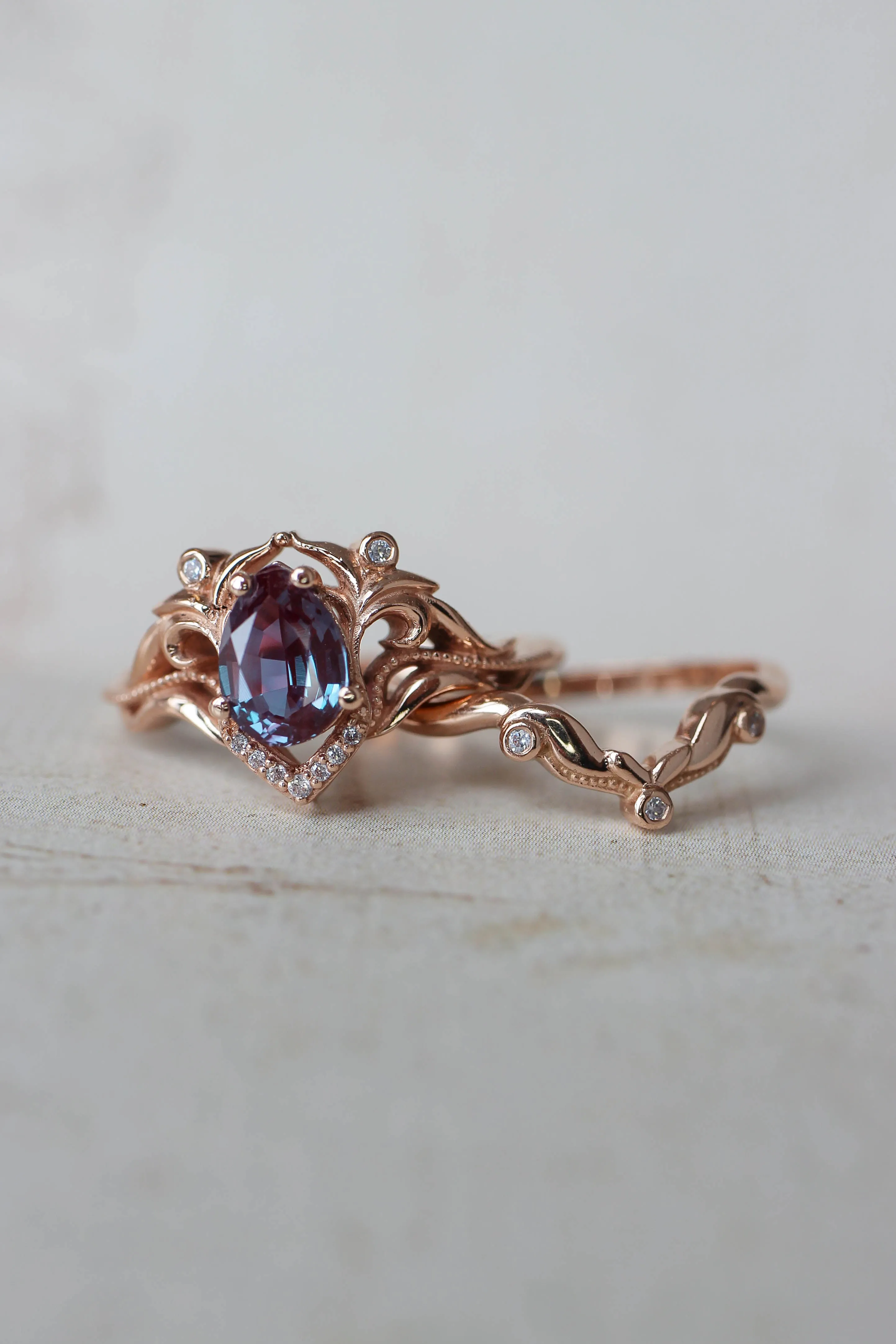 Reserved, READY TO SHIP: Lida small in 14K rose gold, 7x5 mm pear cut lab alexandrite, moissanites, RING SIZE 5 US