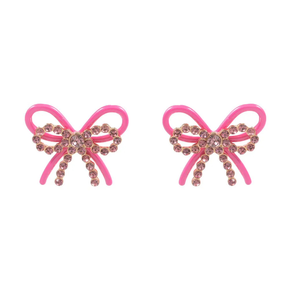 Rhinestone Paved Color Metal Wire Bow Earrings