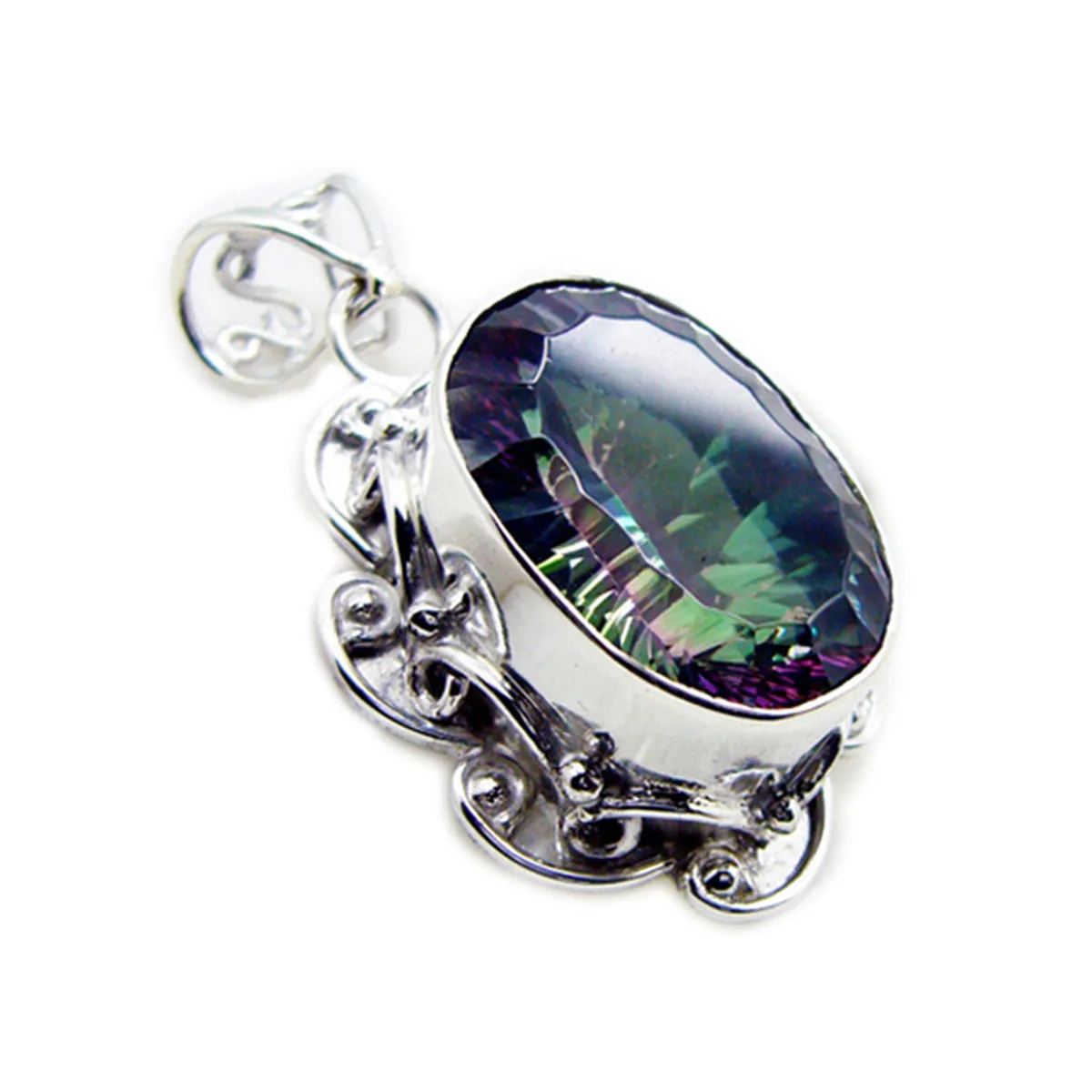 Riyo Aesthetic Gems Oval Faceted Multi Color Mystic Quartz Silver Pendant Gift For Wife