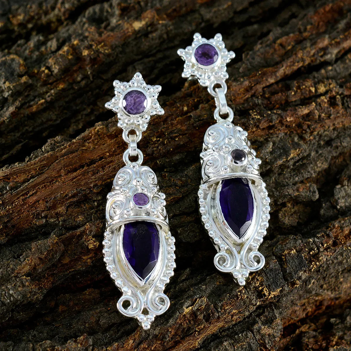 Riyo Beguiling 925 Sterling Silver Earring For Femme Amethyst Earring Bezel Setting Purple Earring Stud Earring