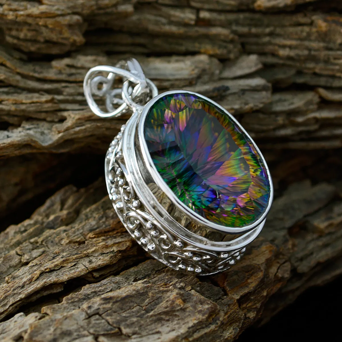 Riyo Fit Gemstone Oval Faceted Multi Color Mystic Quartz Sterling Silver Pendant Gift For Christmas