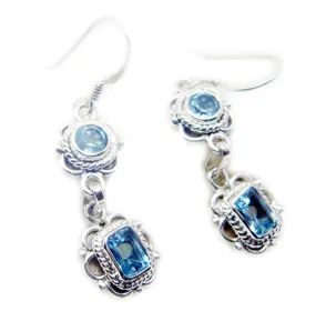 Riyo Genuine Gems multi shape Faceted Blue Topaz Silver Earring gift for girlfriend