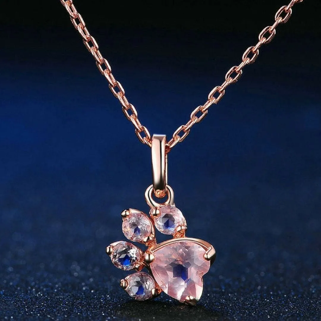 Rose Quartz 925 Sterling Silver Cat Paw Pendant Women/Girls Necklace