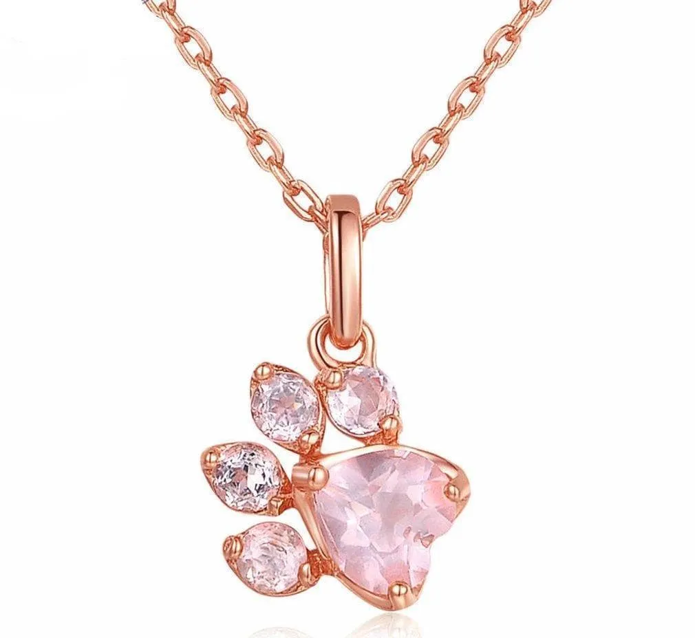 Rose Quartz 925 Sterling Silver Cat Paw Pendant Women/Girls Necklace