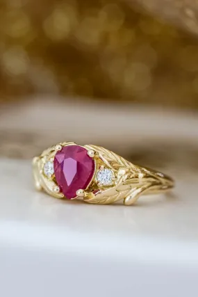 Ruby gold engagement ring, leaves engagement ring with diamonds / Wisteria