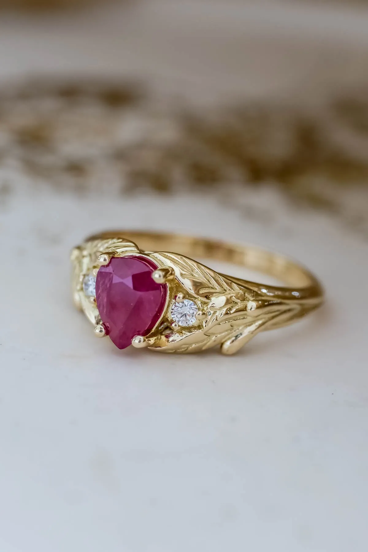 Ruby gold engagement ring, leaves engagement ring with diamonds / Wisteria