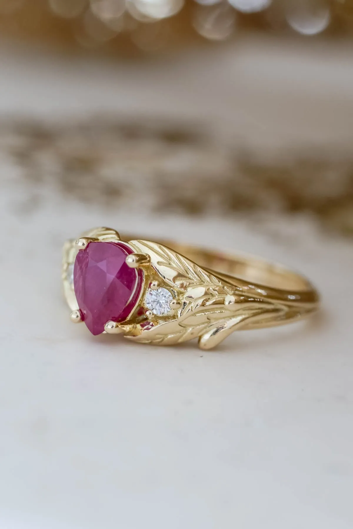 Ruby gold engagement ring, leaves engagement ring with diamonds / Wisteria