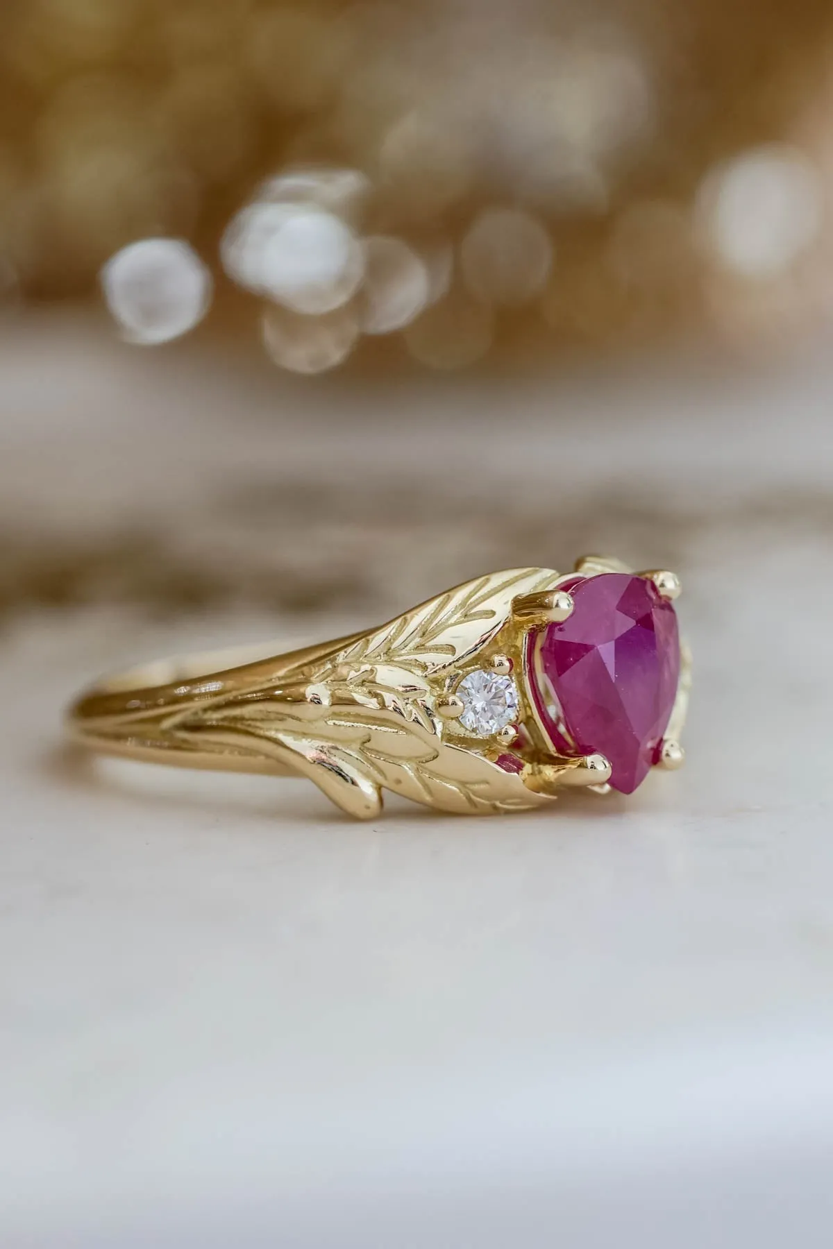 Ruby gold engagement ring, leaves engagement ring with diamonds / Wisteria