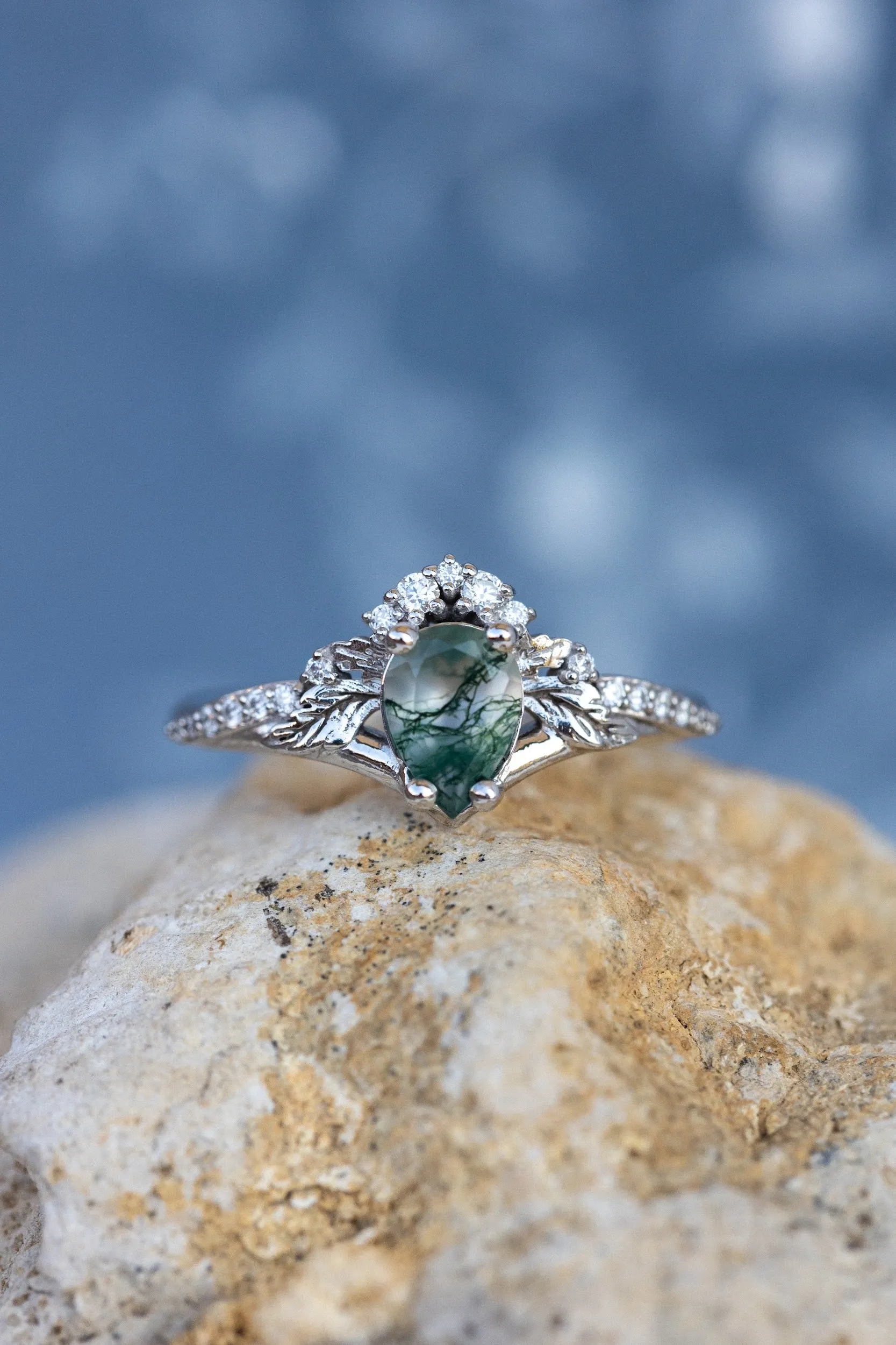 Rutile moss agate engagement ring, diamond crown proposal ring with moss agate / Amelia