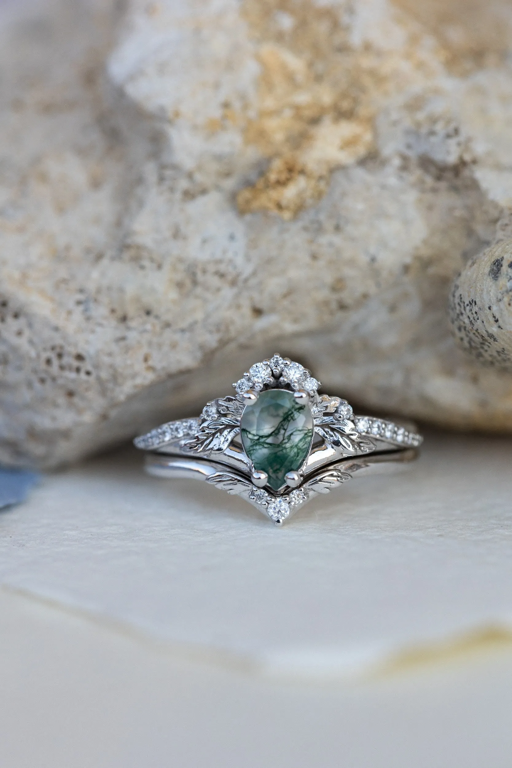 Rutile moss agate engagement ring, diamond crown proposal ring with moss agate / Amelia