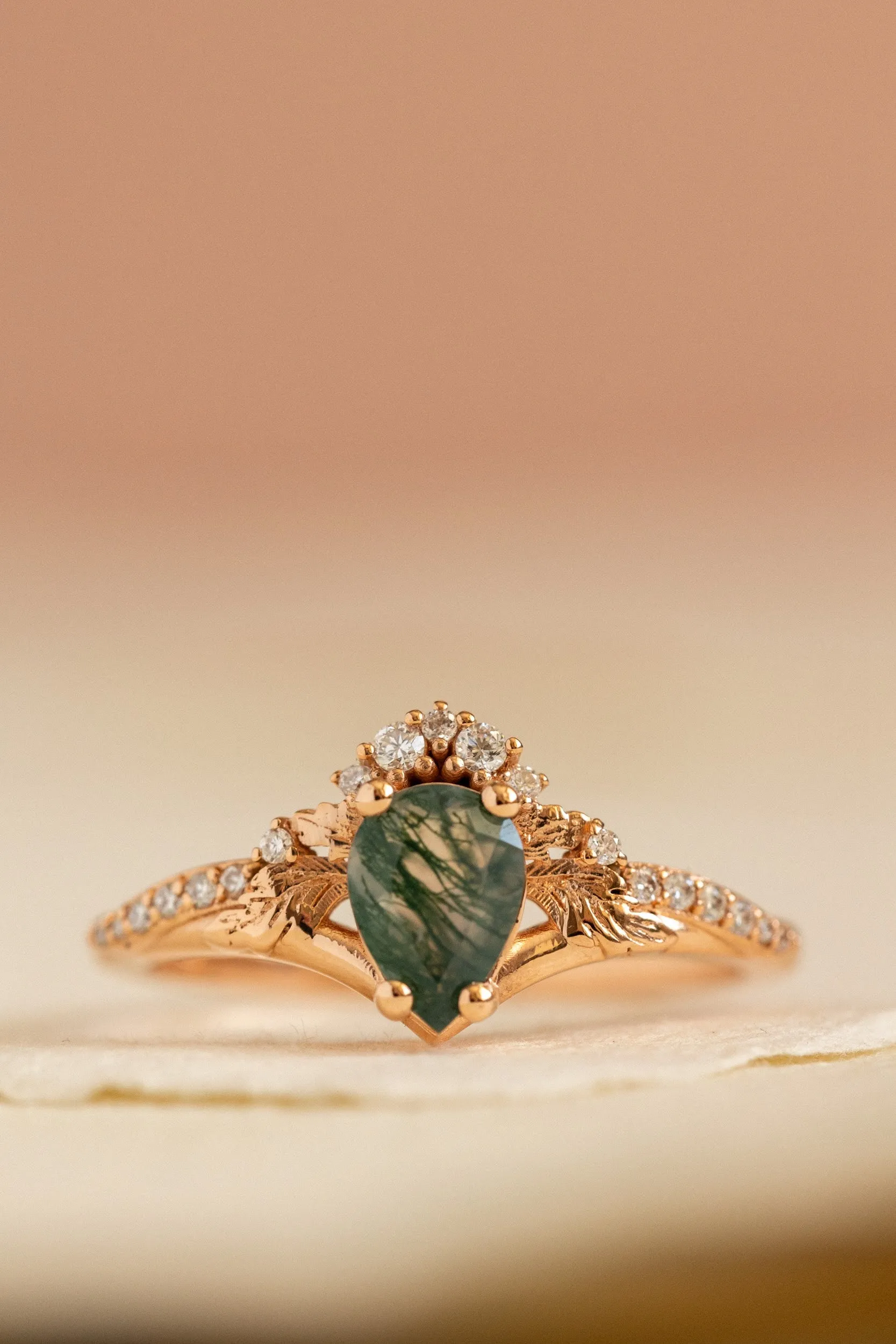 Rutile moss agate engagement ring, diamond crown proposal ring with moss agate / Amelia