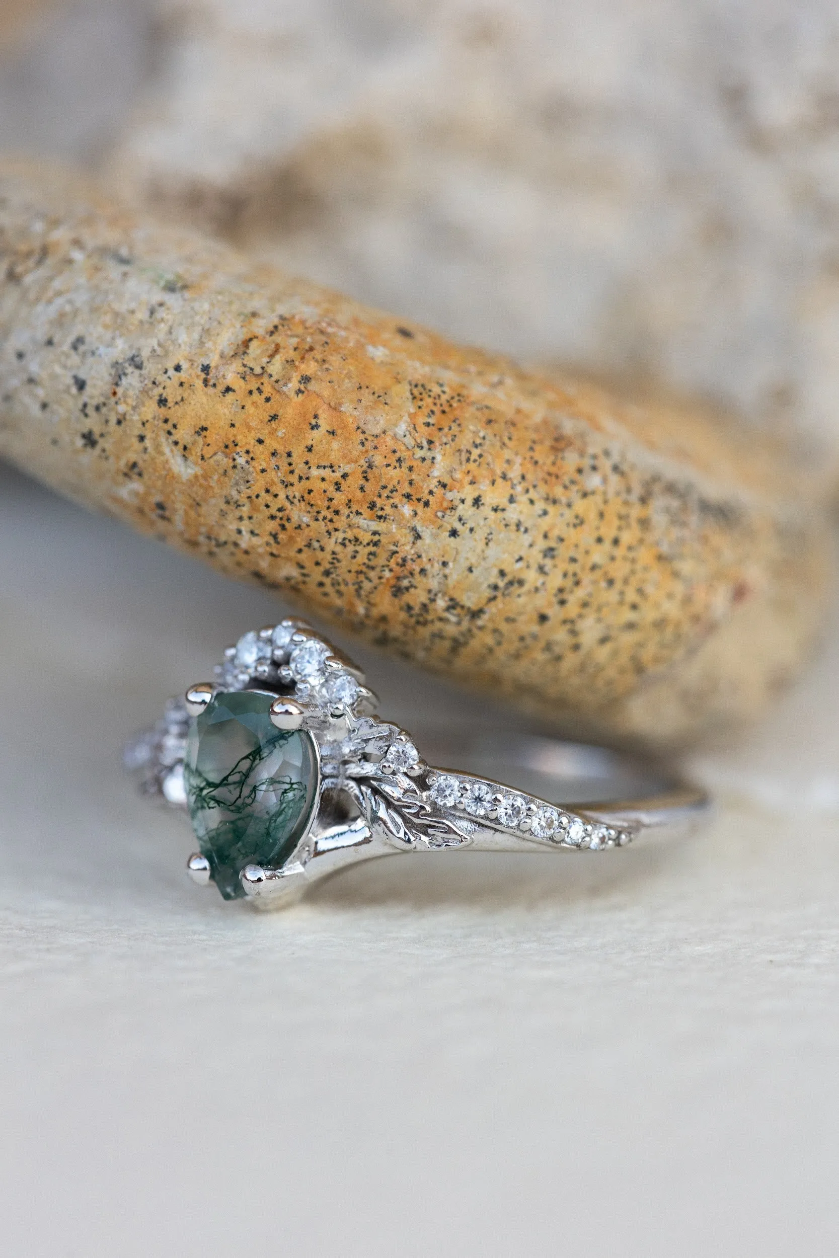 Rutile moss agate engagement ring, diamond crown proposal ring with moss agate / Amelia