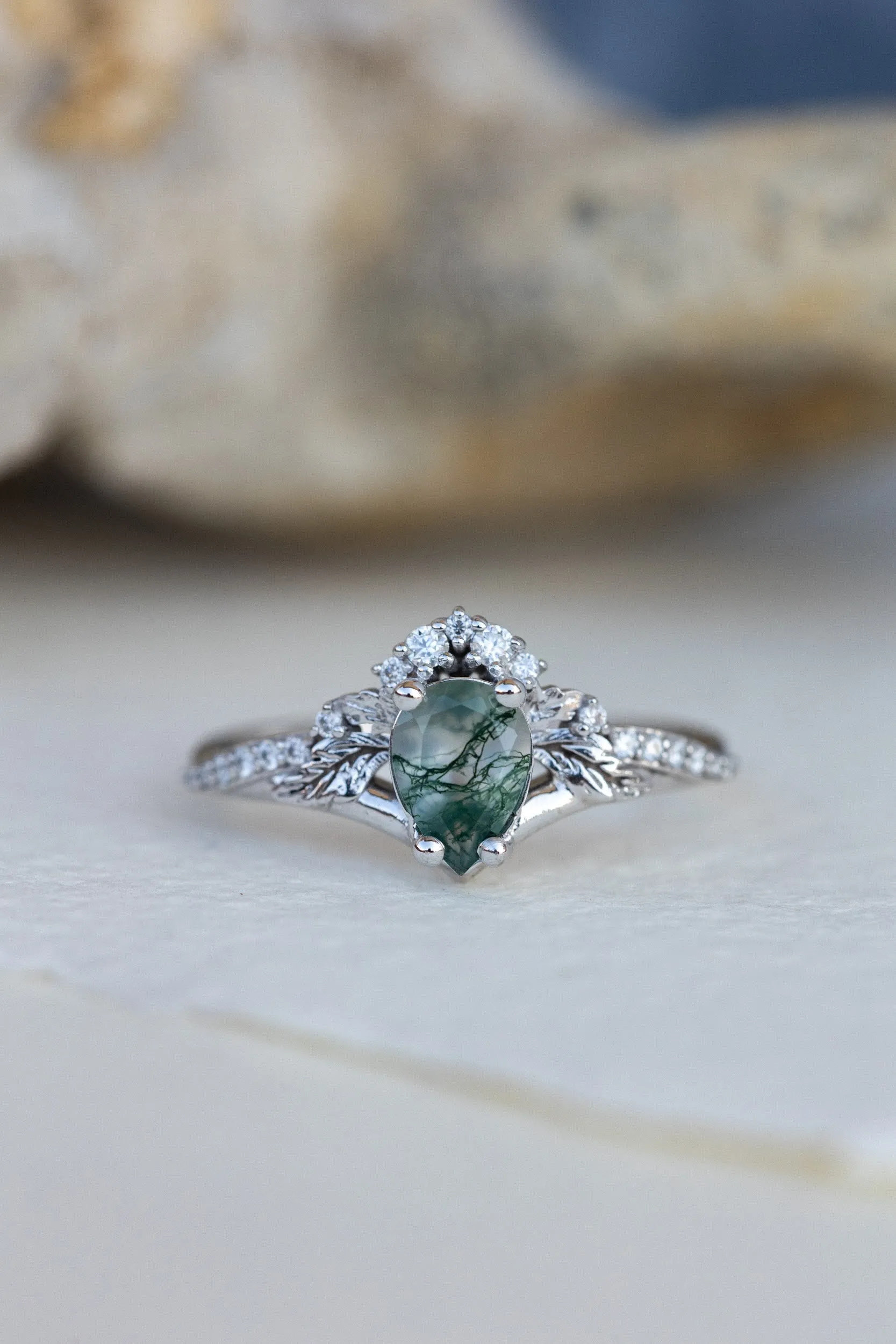 Rutile moss agate engagement ring, diamond crown proposal ring with moss agate / Amelia