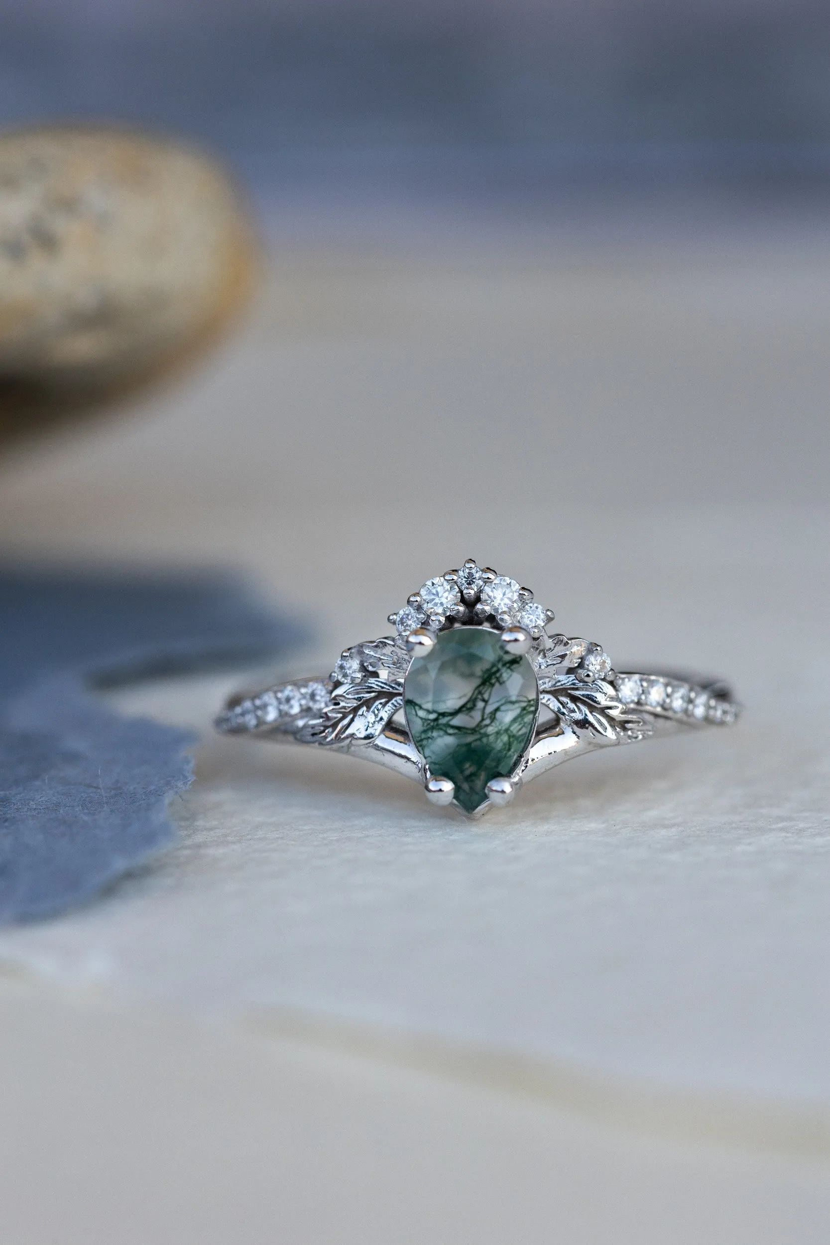 Rutile moss agate engagement ring, diamond crown proposal ring with moss agate / Amelia