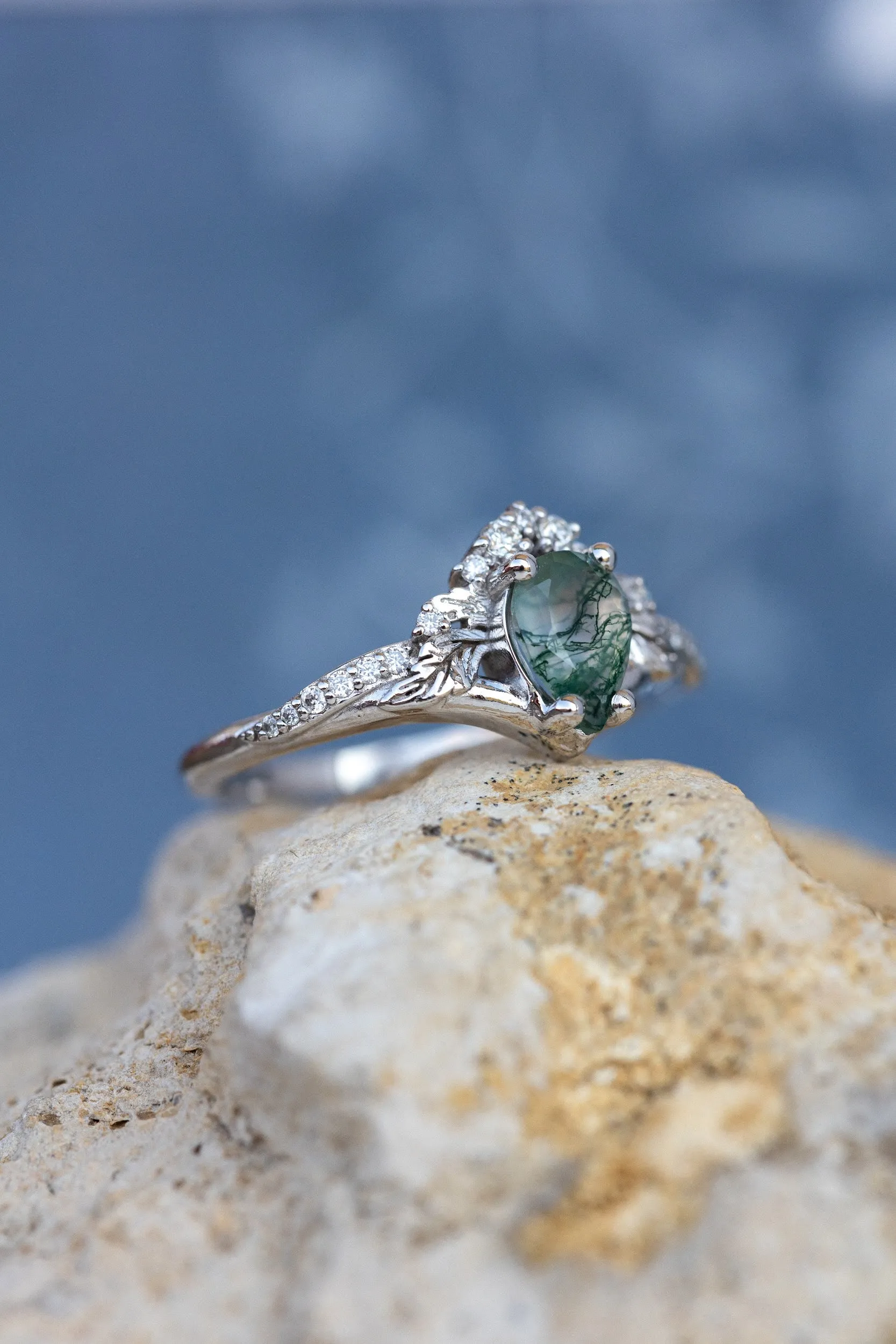 Rutile moss agate engagement ring, diamond crown proposal ring with moss agate / Amelia