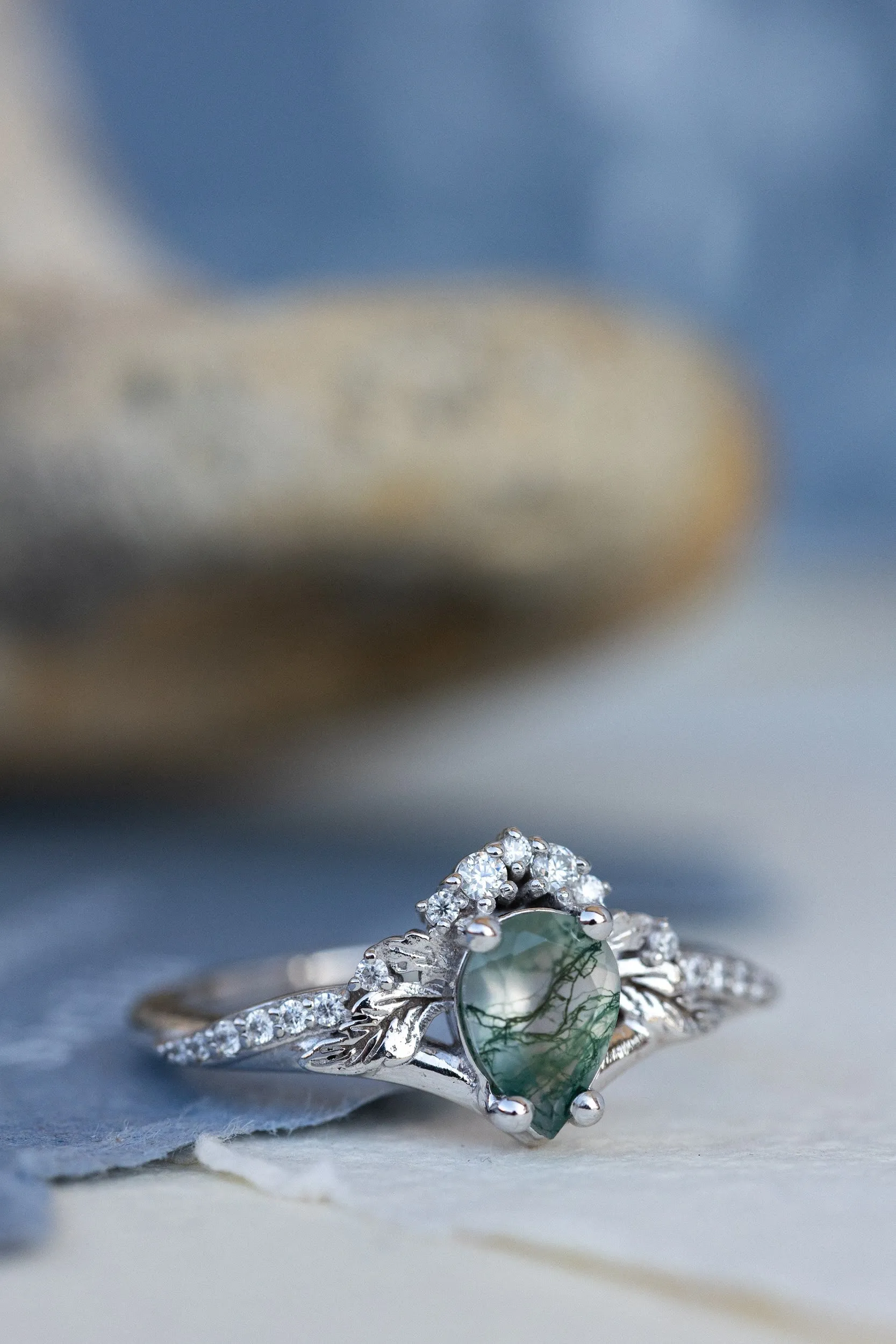 Rutile moss agate engagement ring, diamond crown proposal ring with moss agate / Amelia