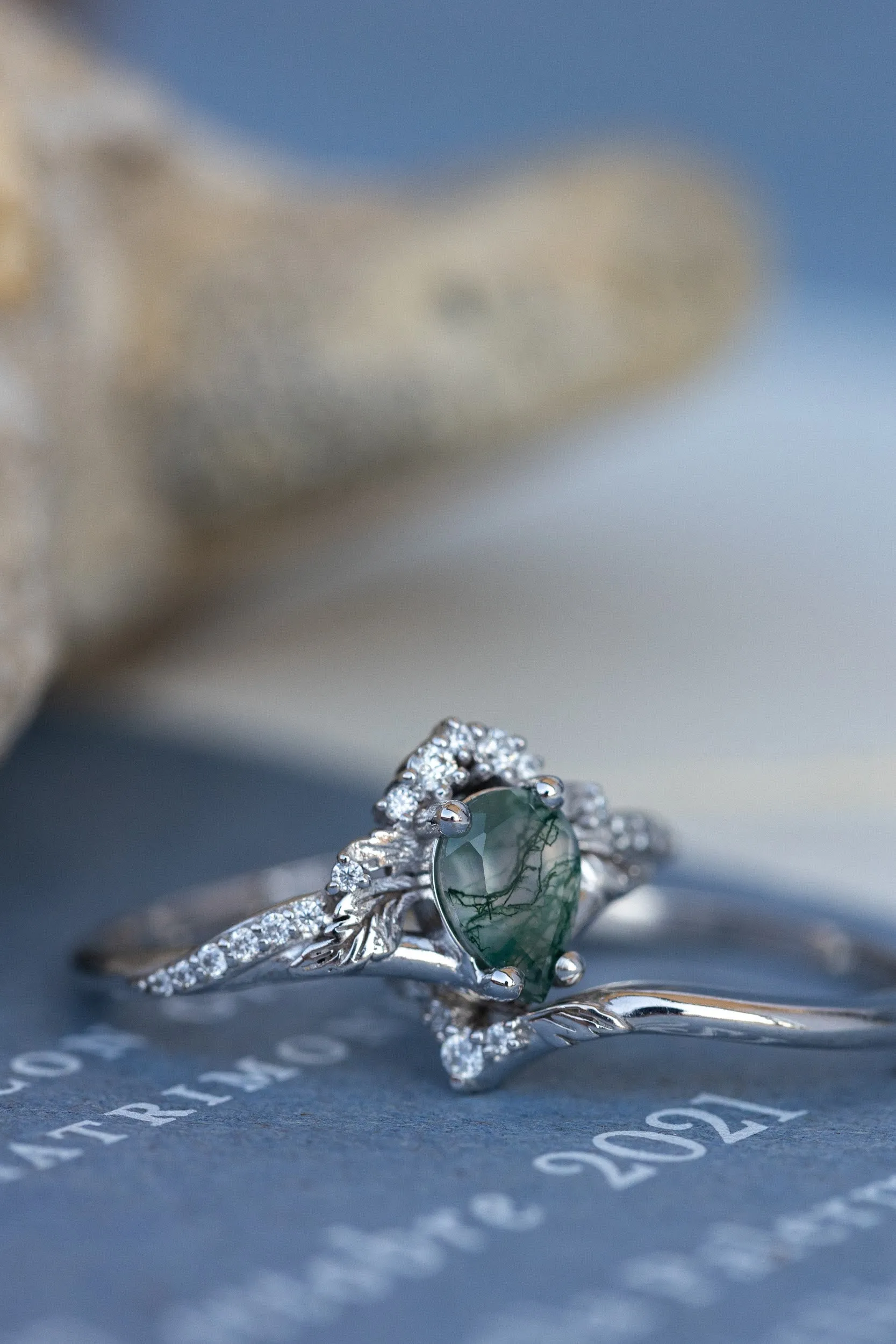 Rutile moss agate engagement ring, diamond crown proposal ring with moss agate / Amelia