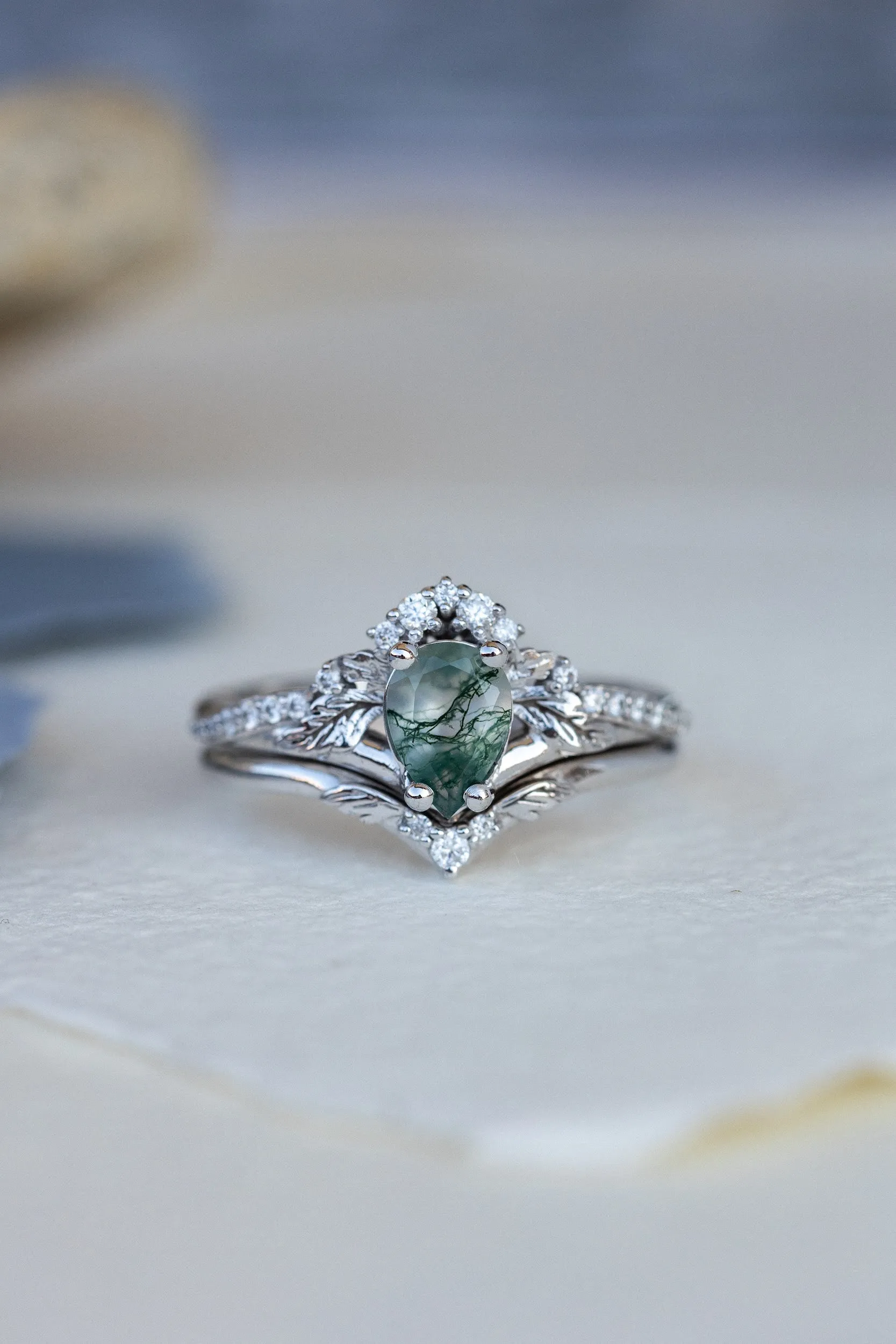 Rutile moss agate engagement ring, diamond crown proposal ring with moss agate / Amelia