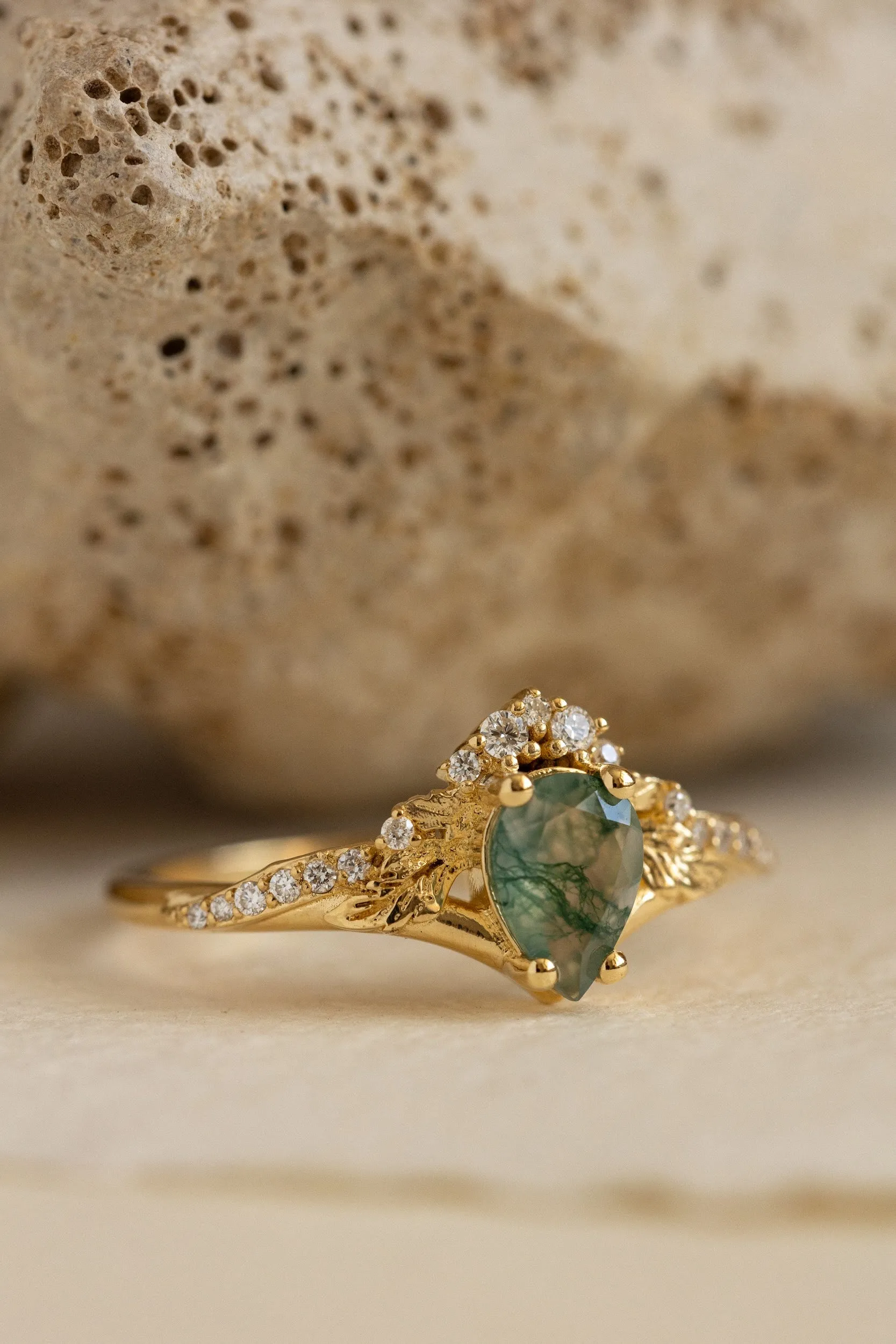 Rutile moss agate engagement ring, diamond crown proposal ring with moss agate / Amelia