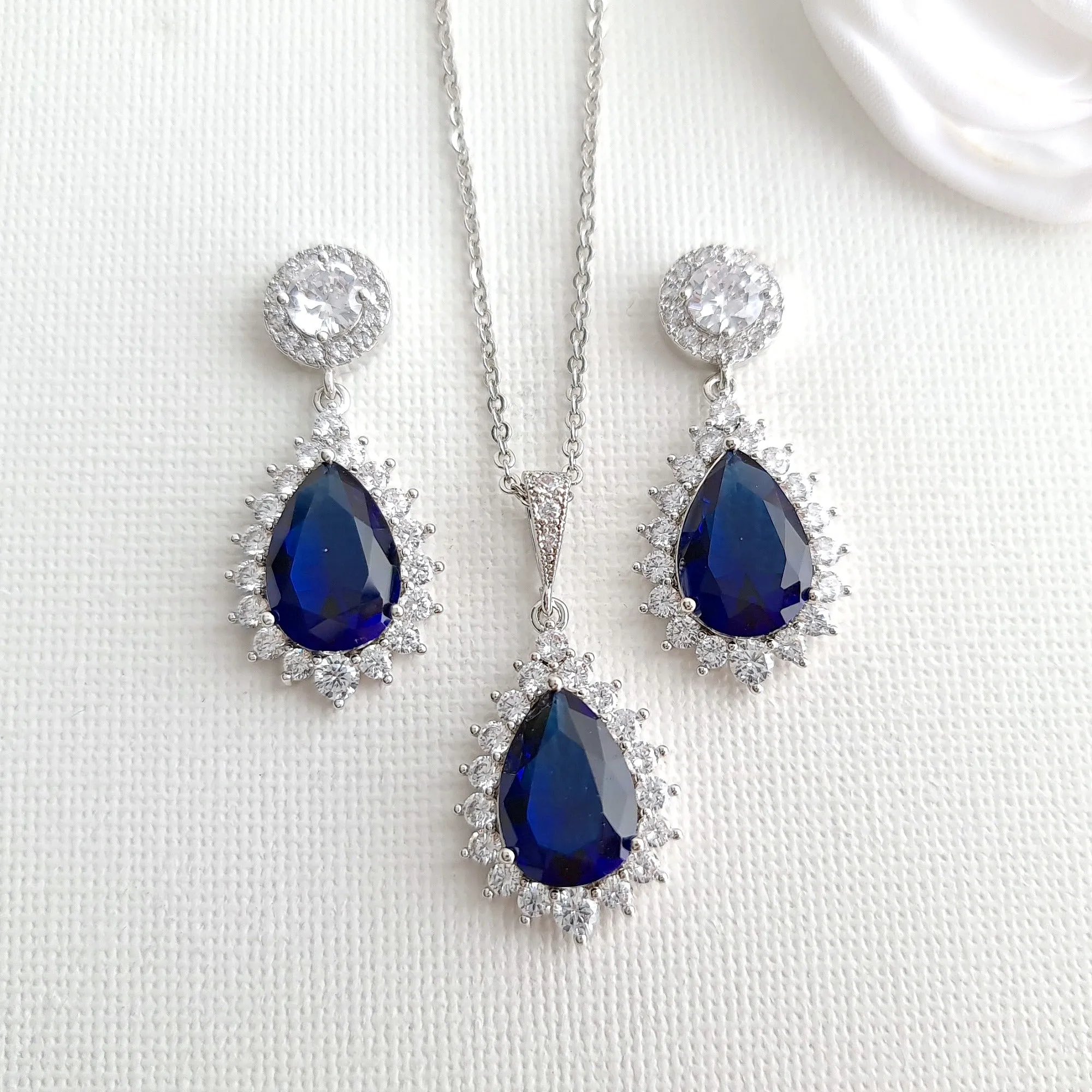 Sapphire Blue Stone Earrings Necklace Set-Aoi