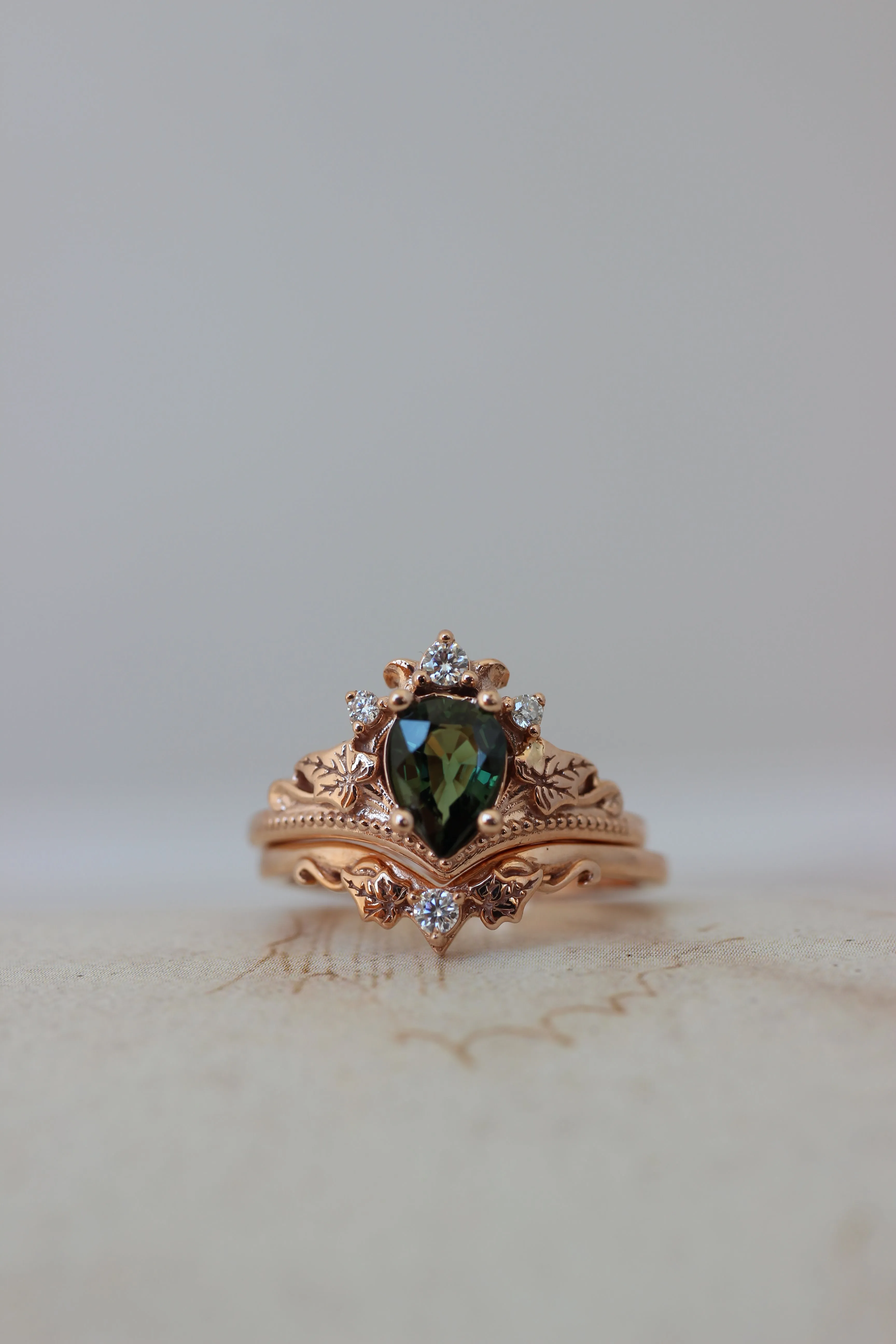 Sapphire bridal ring set, forest green sapphire engagement ring set / Ariadne