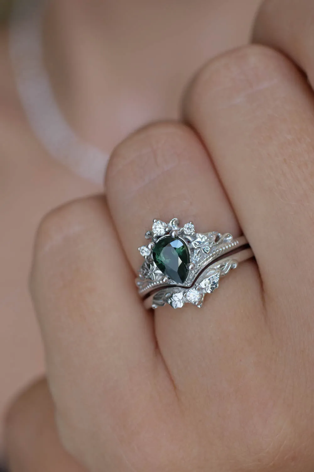 Sapphire bridal ring set, forest green sapphire engagement ring set / Ariadne