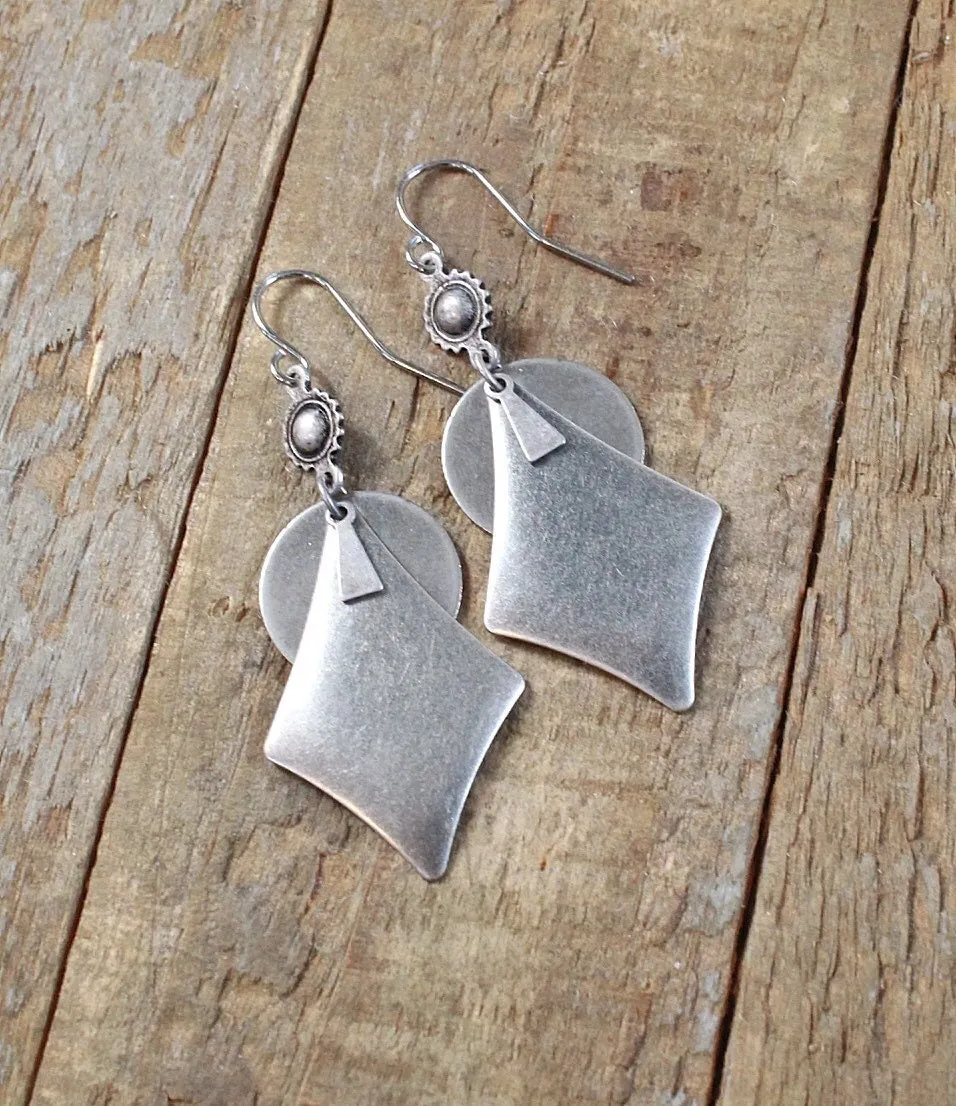 Silver Boho Dangle Earrings, Silver Geometric Jewelry, Antiqued Silver Jewelry, Southwestern Inspired Jewelry