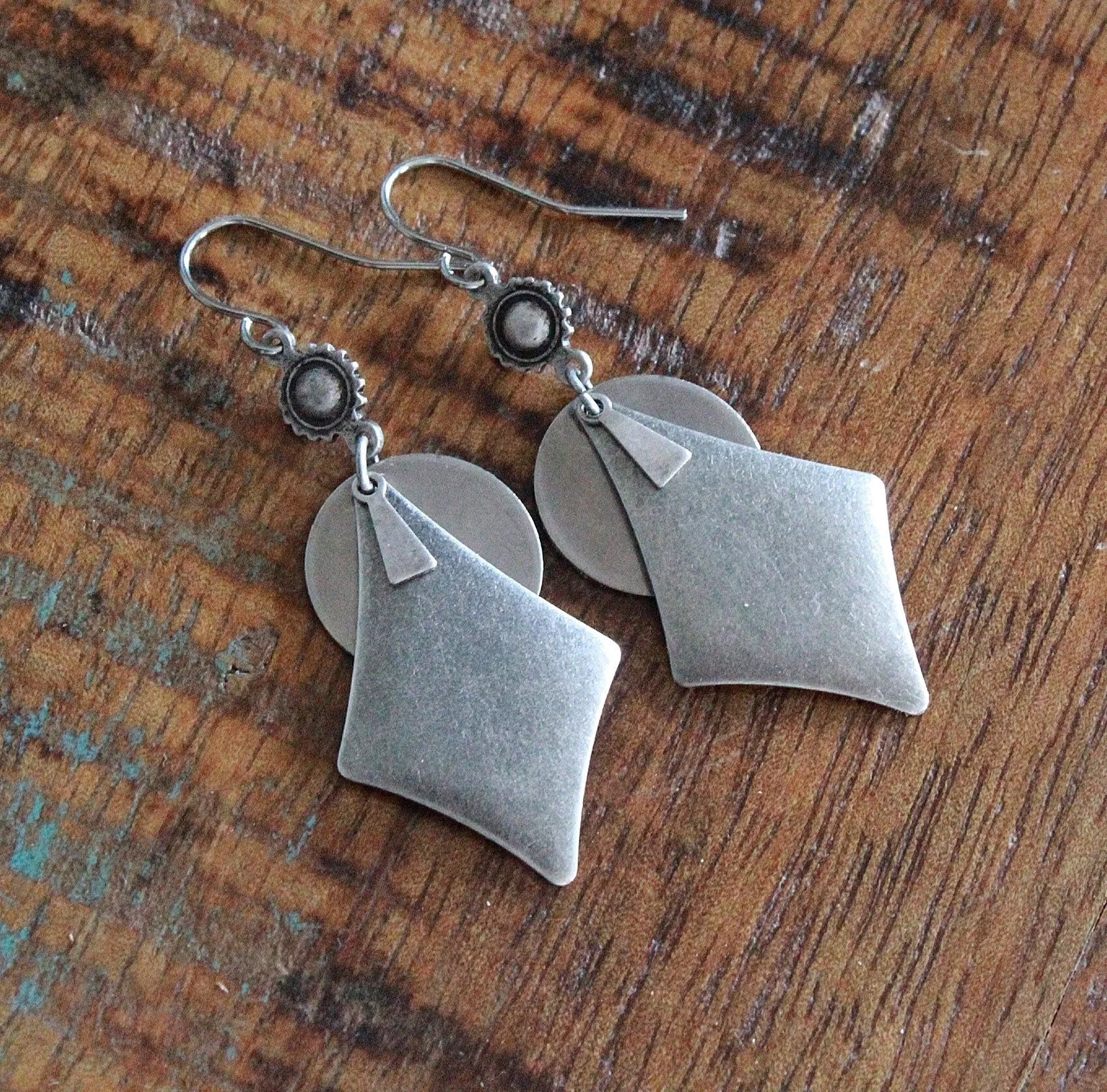 Silver Boho Dangle Earrings, Silver Geometric Jewelry, Antiqued Silver Jewelry, Southwestern Inspired Jewelry