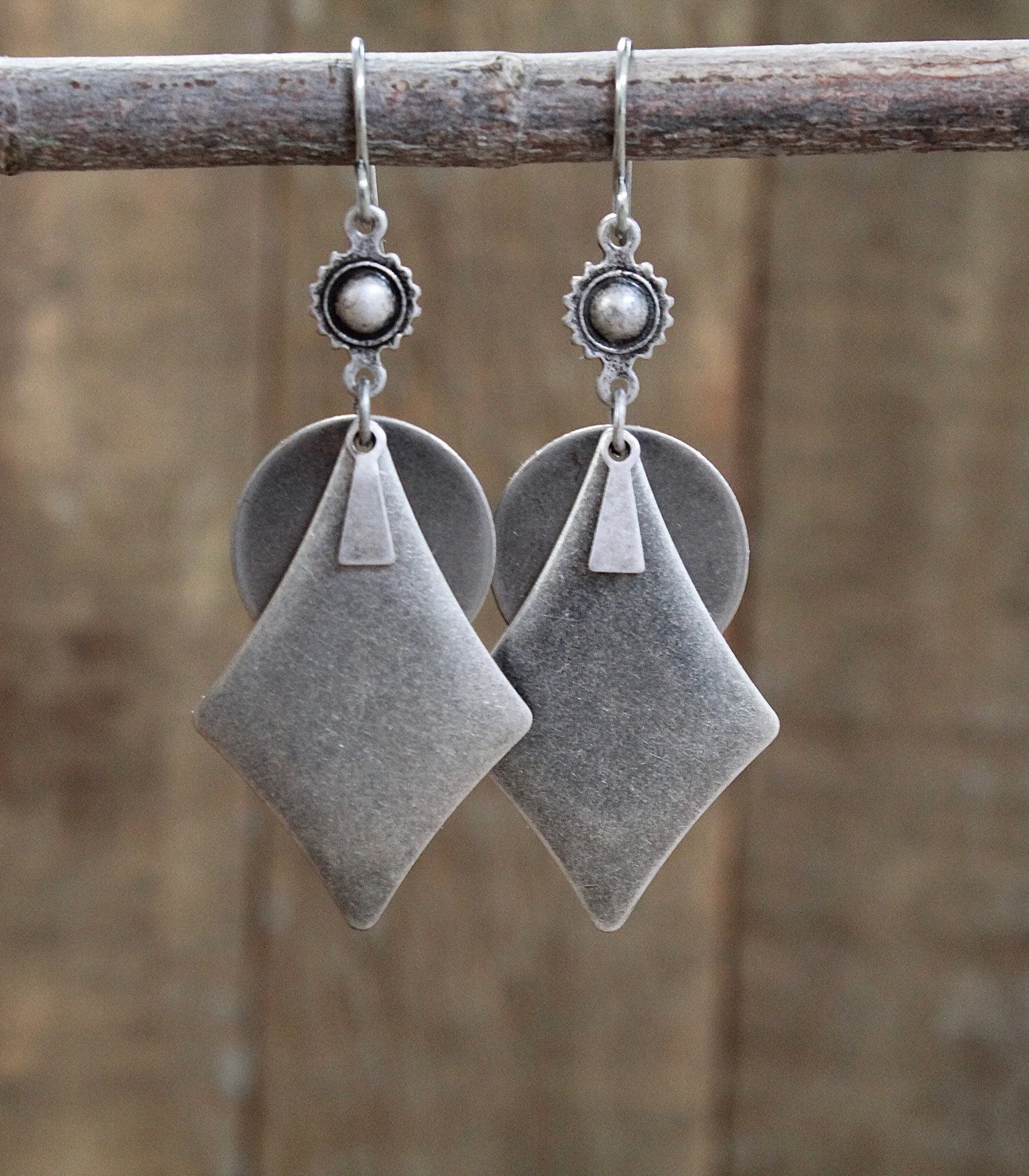 Silver Boho Dangle Earrings, Silver Geometric Jewelry, Antiqued Silver Jewelry, Southwestern Inspired Jewelry