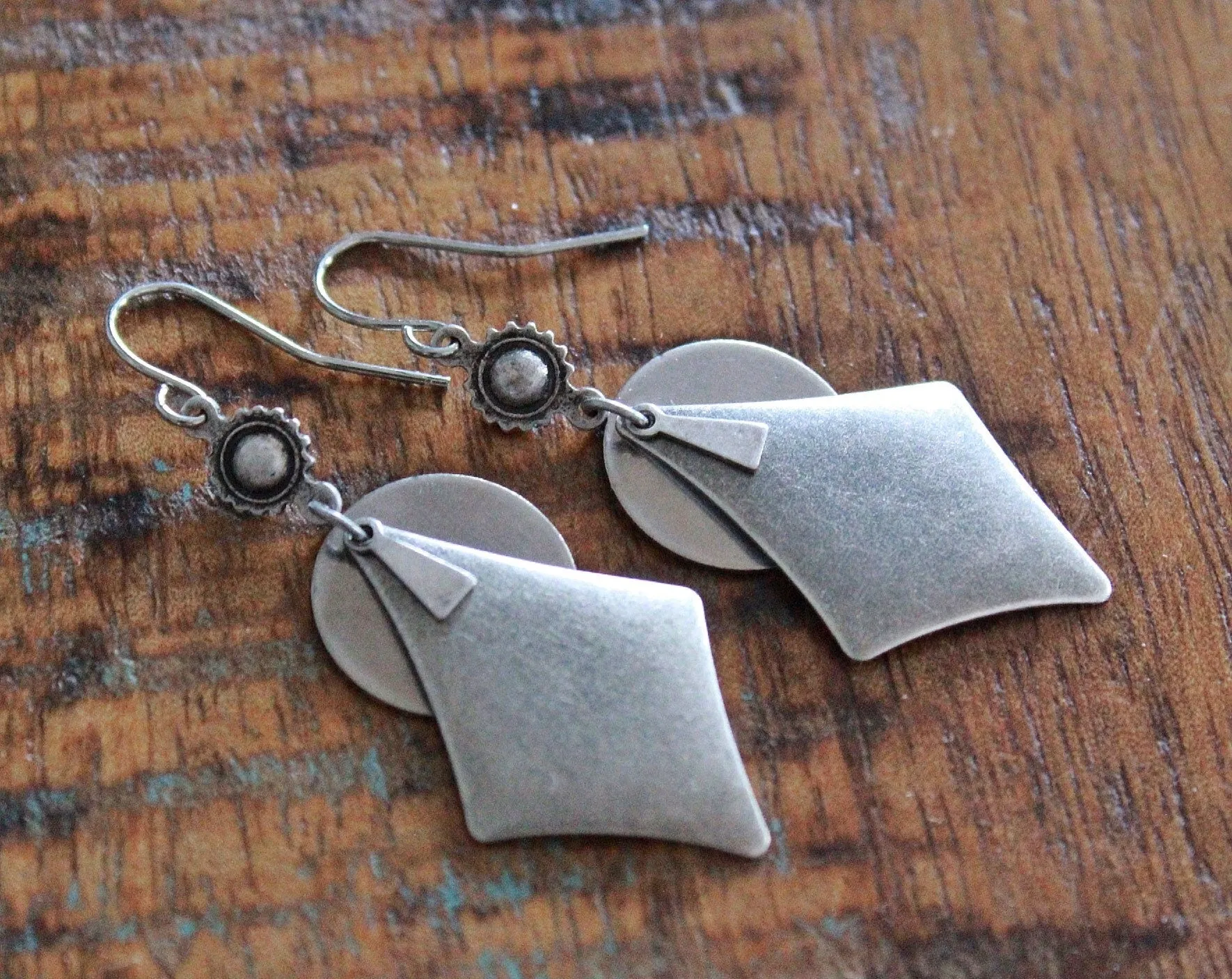 Silver Boho Dangle Earrings, Silver Geometric Jewelry, Antiqued Silver Jewelry, Southwestern Inspired Jewelry