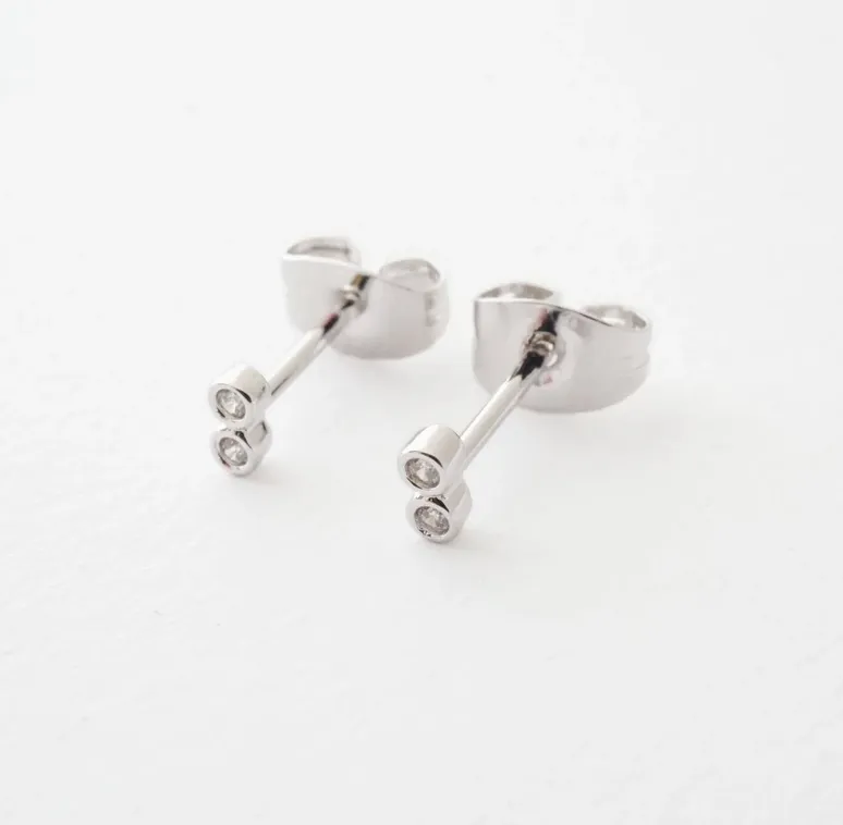 Silver Tiny Double Circle Crystal Earrings