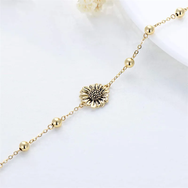 Solid 14K Gold Sunflower Anklet Bracelet for Women Birthday Christmas Gift for Her Mom Beach Foot Jewelry, 8 1 1 Inch