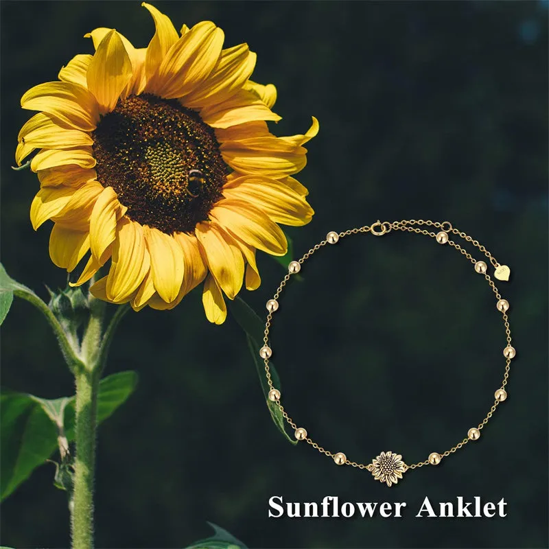 Solid 14K Gold Sunflower Anklet Bracelet for Women Birthday Christmas Gift for Her Mom Beach Foot Jewelry, 8 1 1 Inch