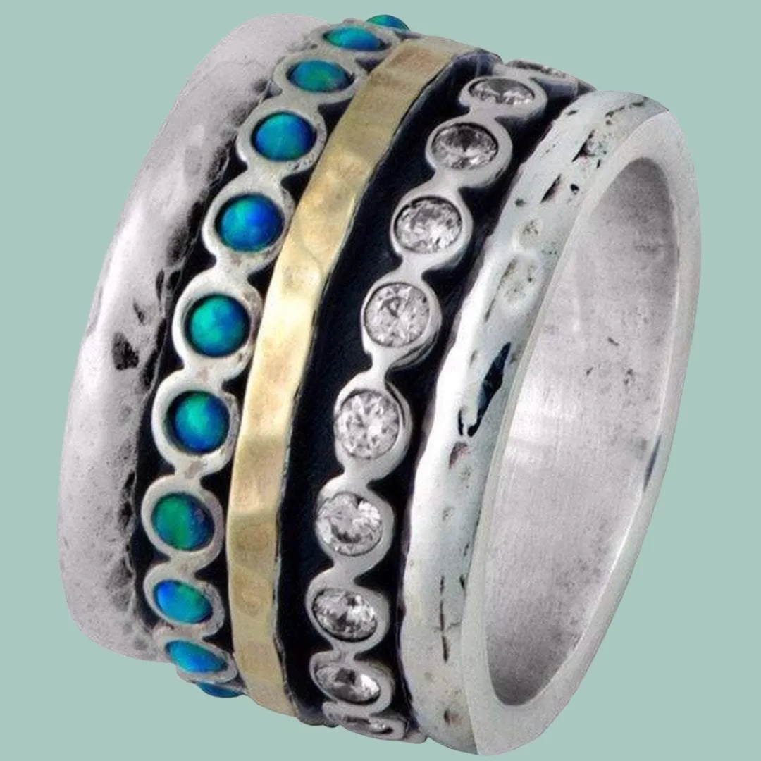 Spinner Ring Jewelry. Sterling Silver and Gold Ring Set Blue Opals