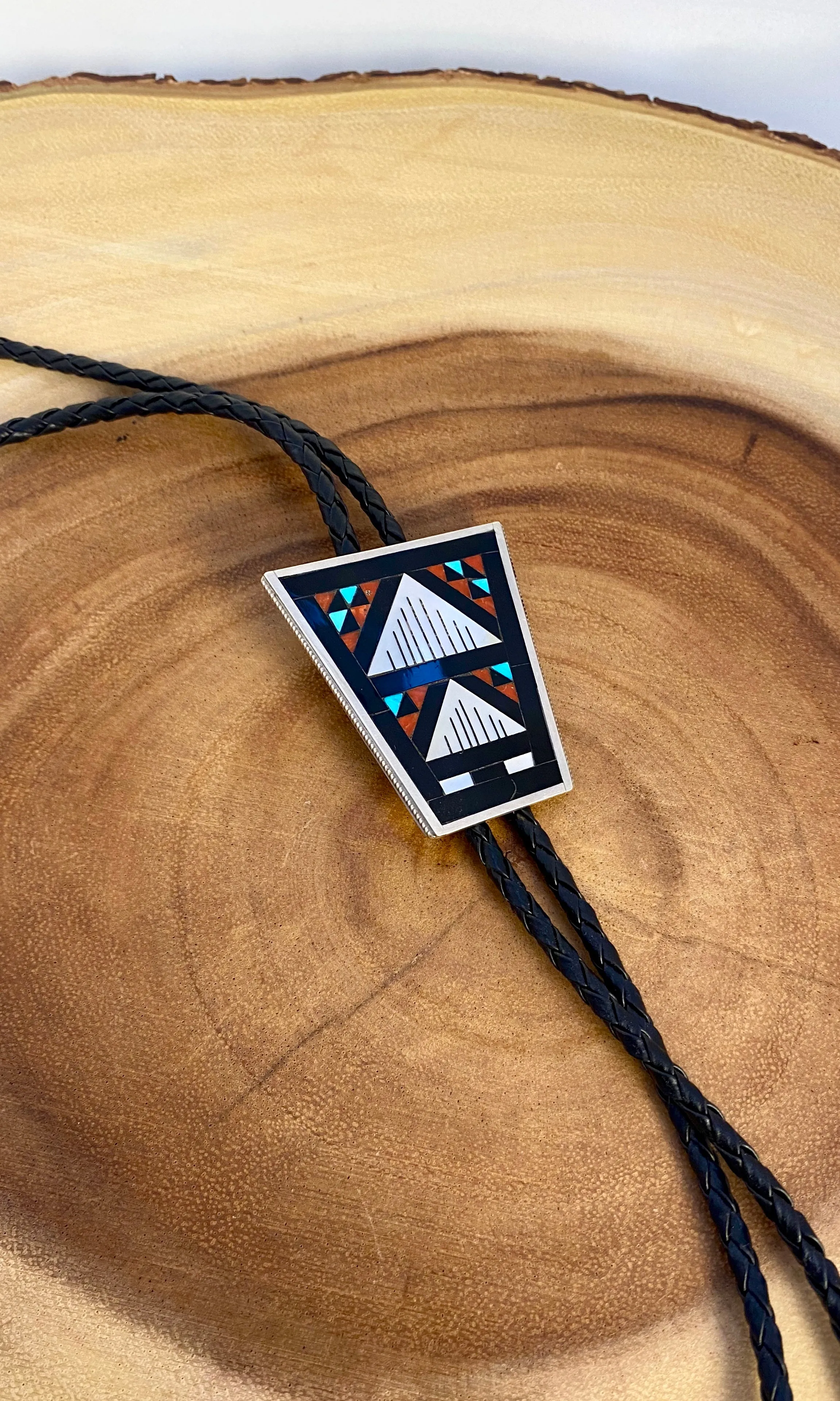 STAINED GLASS Zuni Inlay Sterling Silver Bolo Tie