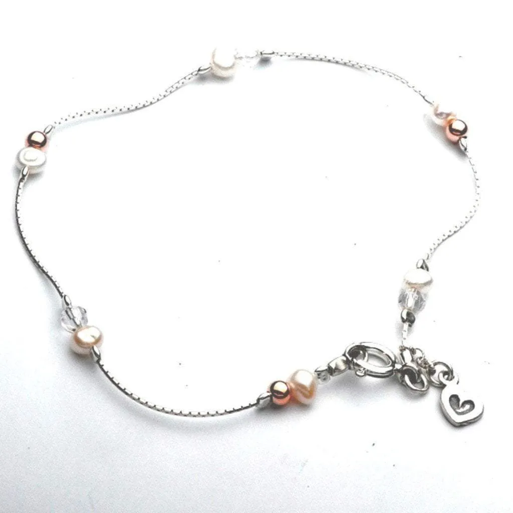 Sterling Silver Anklet with pearls and heart. Designer Jewelry.