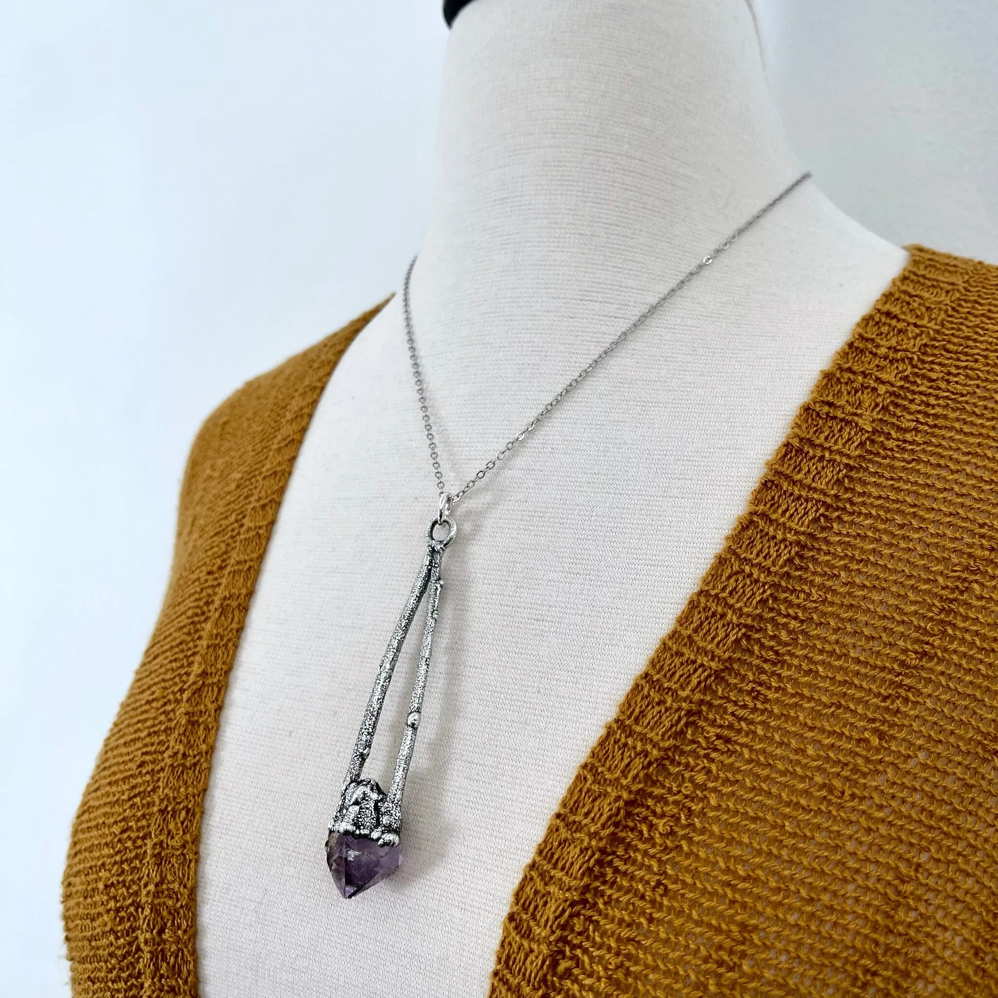 Sticks & Stones Collection- Raw Amethyst Crystal Necklace in Fine Silver /